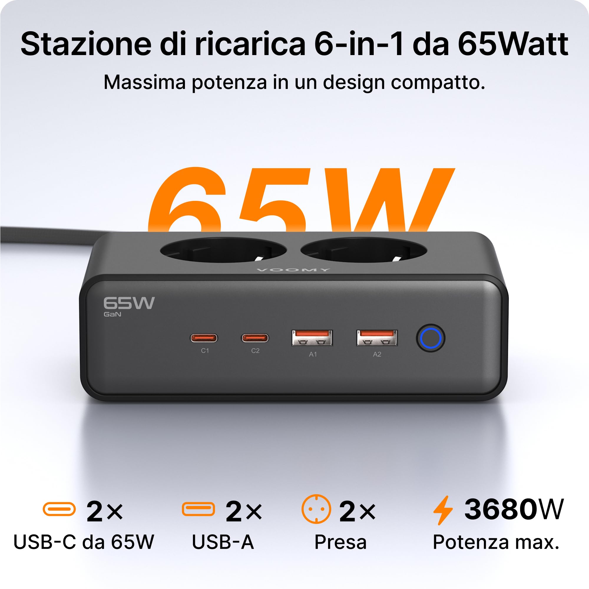 VOOMY Ciabatta Multipresa con 65W Carica Rapida, Presa Multipla Salvaspazio con 2 Spina AC, Ciabatta Multipresa con 2 USB-C & 2 USB-A, Interruttore e Cavo da 2m (Nero, 65W)