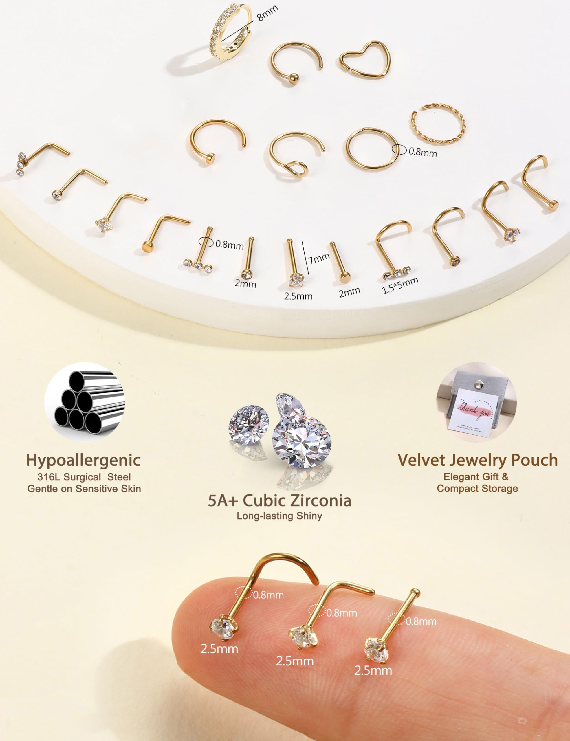 Morfetto 19 Piezas Piercing Nariz Acero Quirurgico Dorado Para Mujeres Hombres 18G/20G L-Hoja Septum Piercing Nariz Aro Tragus Helix Conch Nostril Accesorio​​ Plata/Oro