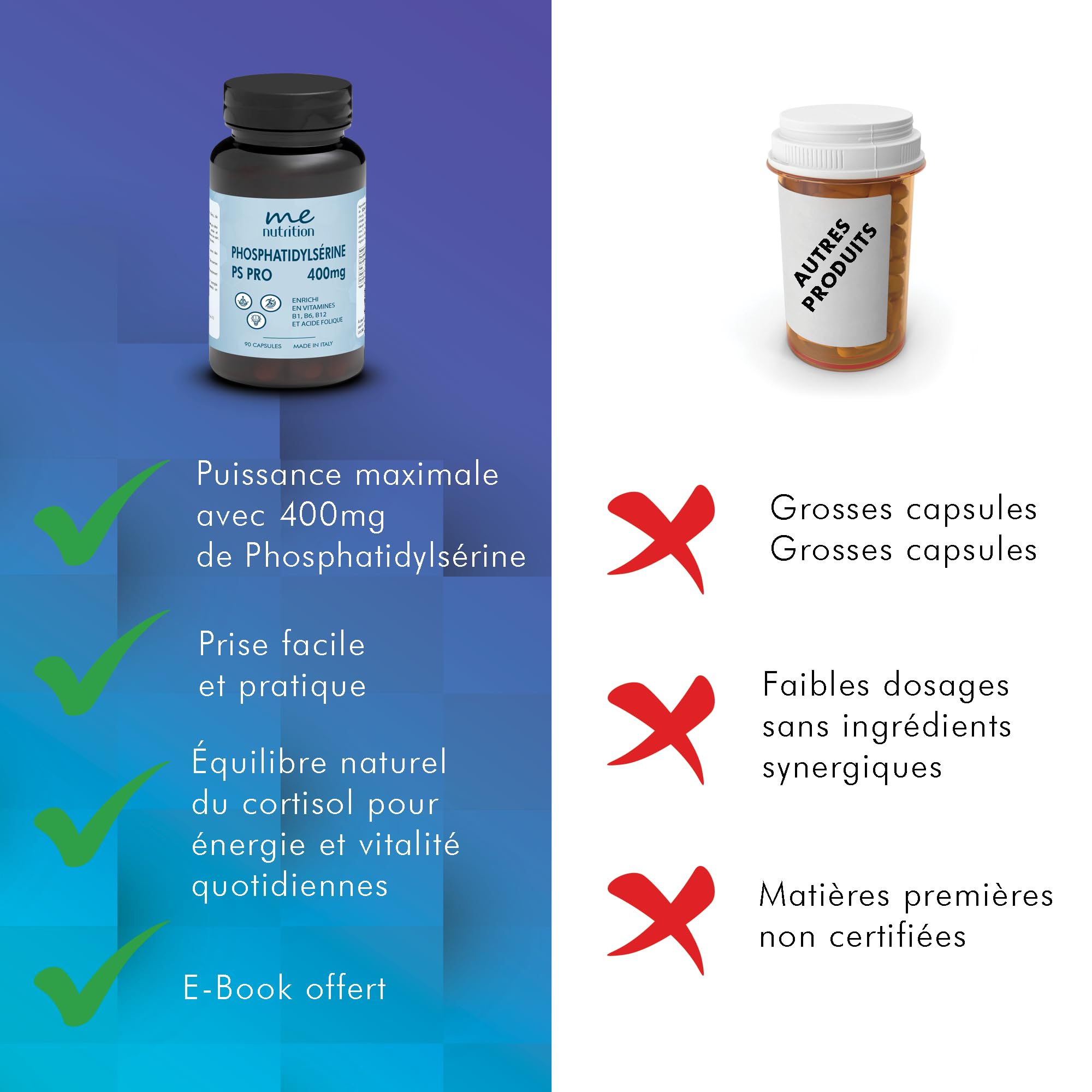Phosphatidylsérine pure 400 mg combat le cortisol, 90 capsules améliore la mémoire et la concentration, réduit le stress supplément nootropique avec des vitamines B1 B6 B12 Acide folique Me Myeasy