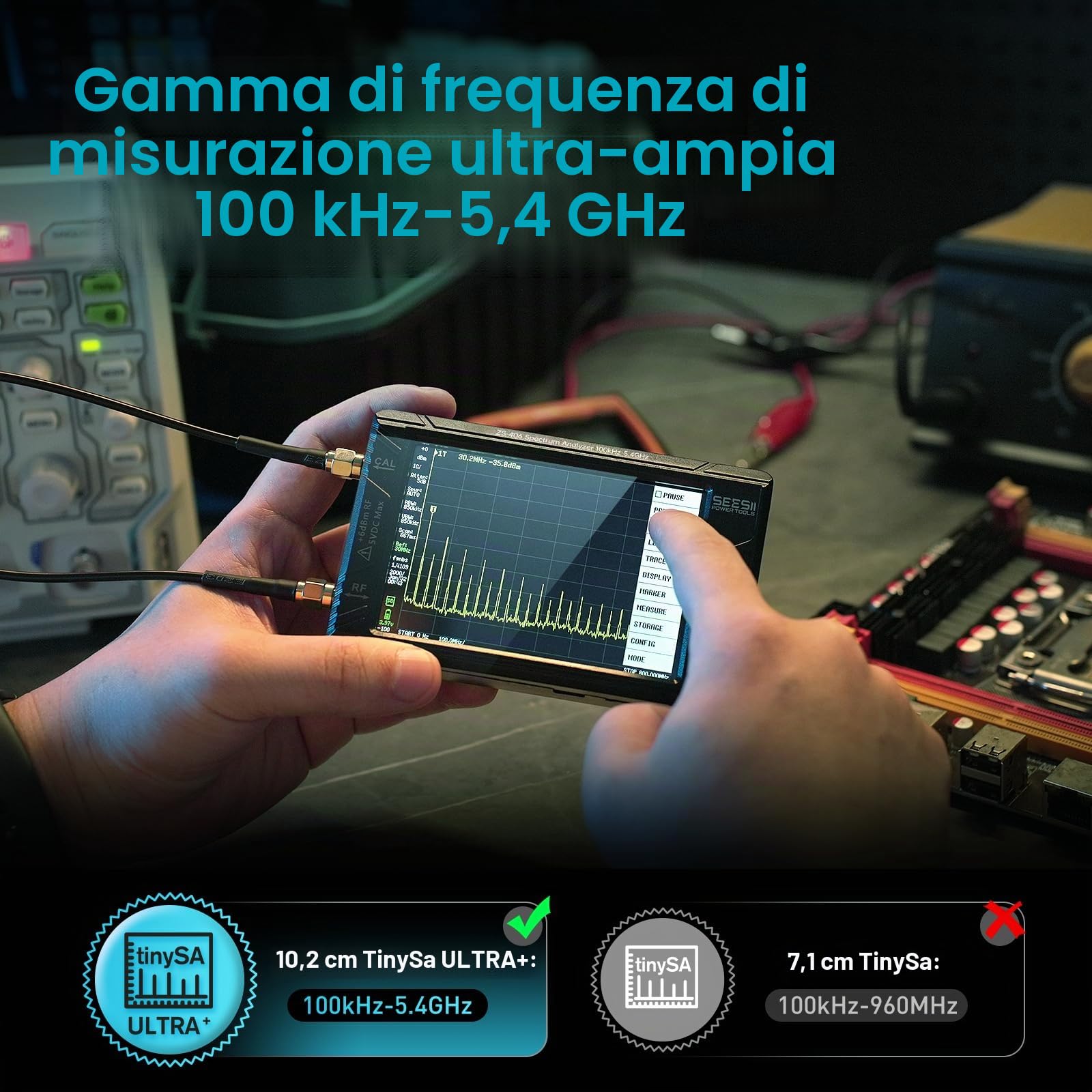 Seesii TinySA ULTRA+ ZS406 Analizzatore di Spettro, Analizzatore di Frequenza Portatile 4,0'' 100kHz-5,4GHz con Scheda di Memoria 32GB, 2 in 1 Generatore di Segnale 100kHz-800MHz MF/HF/VHF/UHF