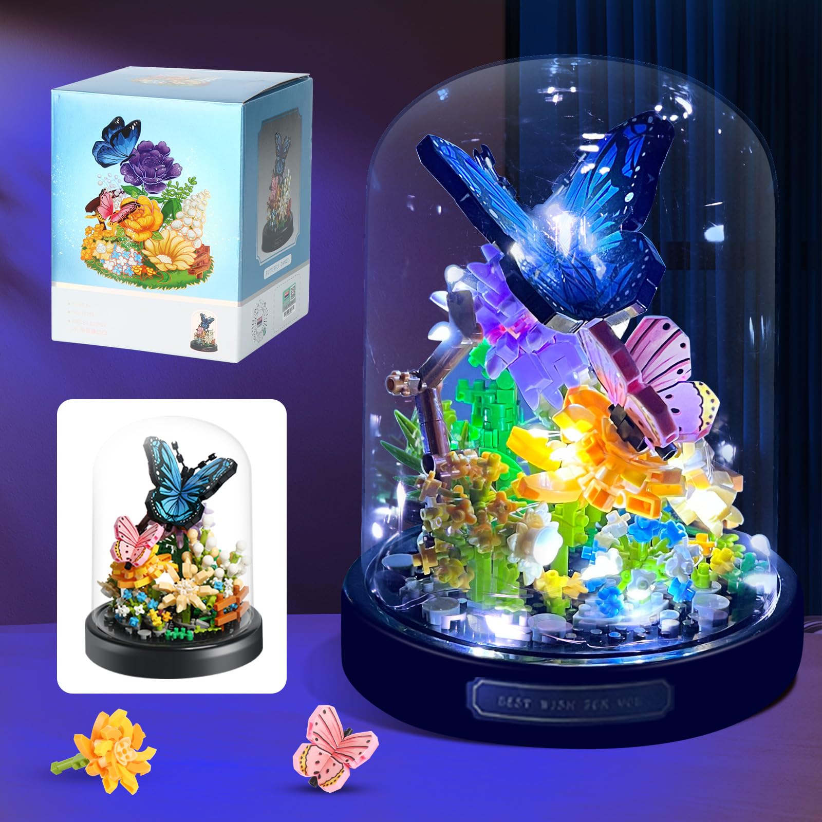 Water Bottle Flower Bouquet Butterfly Building Set with LED String Light, Flower Butterfly Mini Bricks Building Blocks Toy for Kids, Adults, Gift for