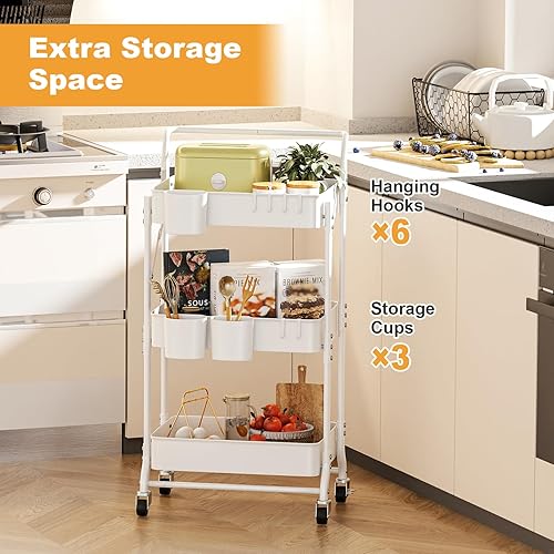 Miniatura 3 de Carrito plegable de 3 niveles con ruedas, carrito de almacenamiento plegable con 3 tazas colgantes y 6 ganchos para cocina, oficina, sala de estar,