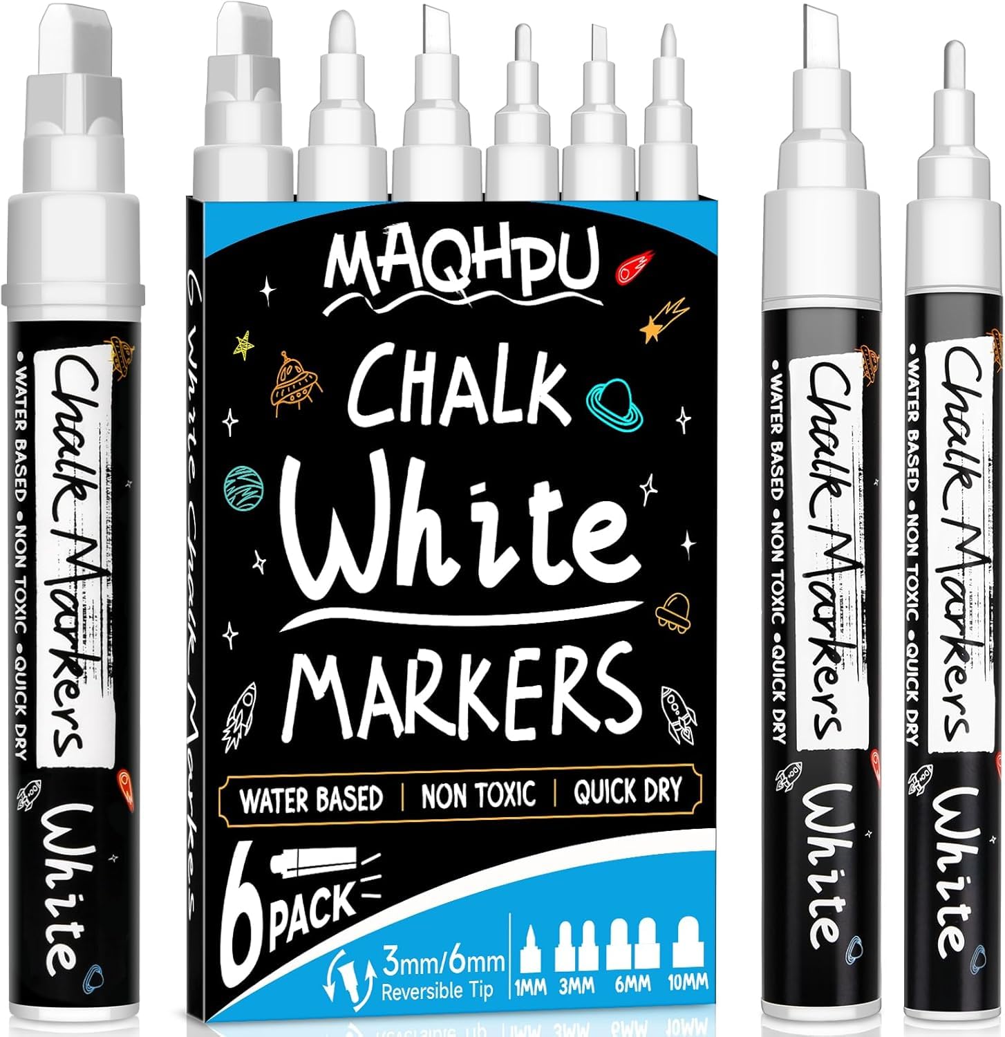 Maqhpu Weiß Kreidestifte für Fenster & Tafel Abwaschbar, 6 Stück Kreidemarker Fenster, Whiteboard Marker Fenstermalstifte Fensterstifte Tafelstifte für Glas & Gewürzgläser(1mm, 3mm, 6mm, 10mm)