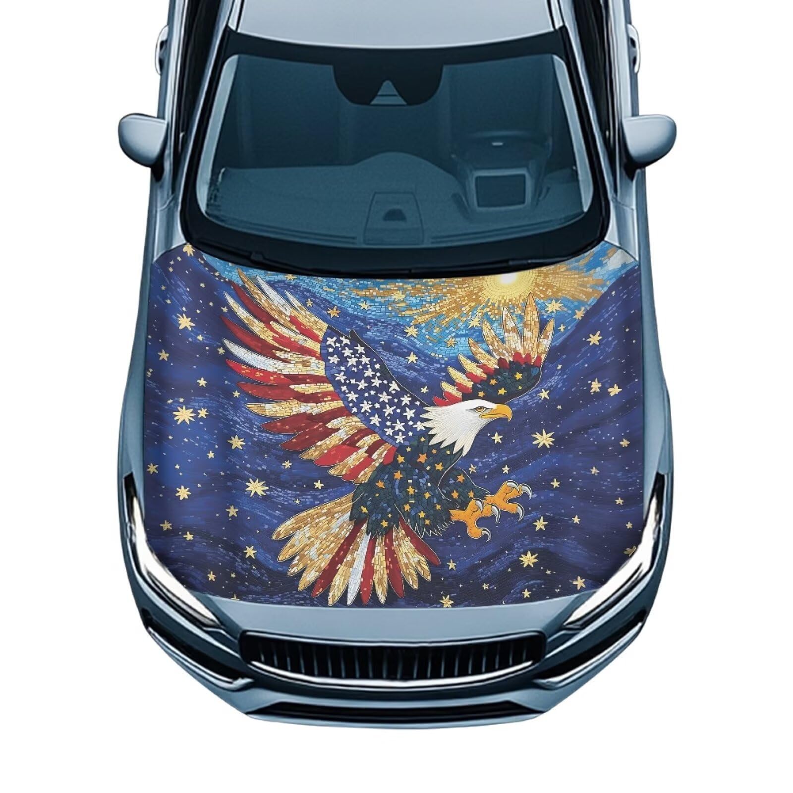 USA Flag Eagle Front Hood Covers for Cars Starry Sky Car Hood Cover Patriotic Car Hood Cover Wrap Auto Decor Adjustable Automotive Hood Covers for Cars Sedan Accessory, 4th of July