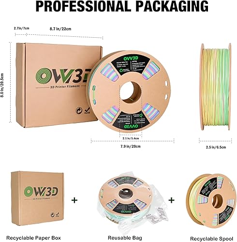 Miniatura 6 de OVV3D - Filamento PLA de arcoíris de 0.069 in, filamento de impresión 3D de arcoíris multicolor mate que cambia de color con color azul, morado,