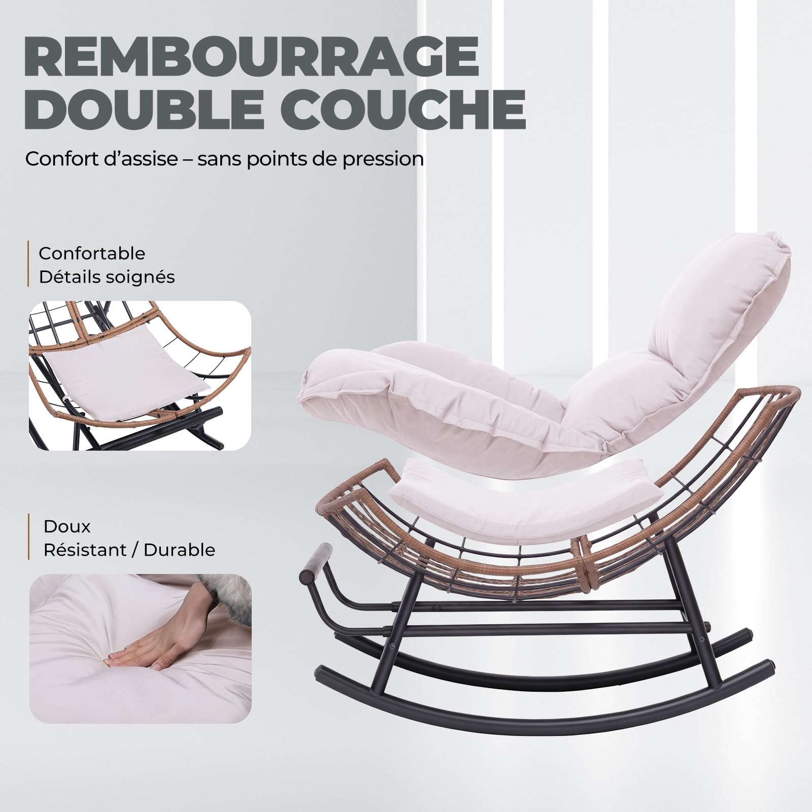 COMHOMA Fauteuil à Bascule, Fauteuil de Relaxation, Structure en Acier, Repose-Pieds Extensible, Coussin Amovible, Charge maximale : 136 kg, pour Chambre à Coucher, Salon, terrasse, Jardin, Beige