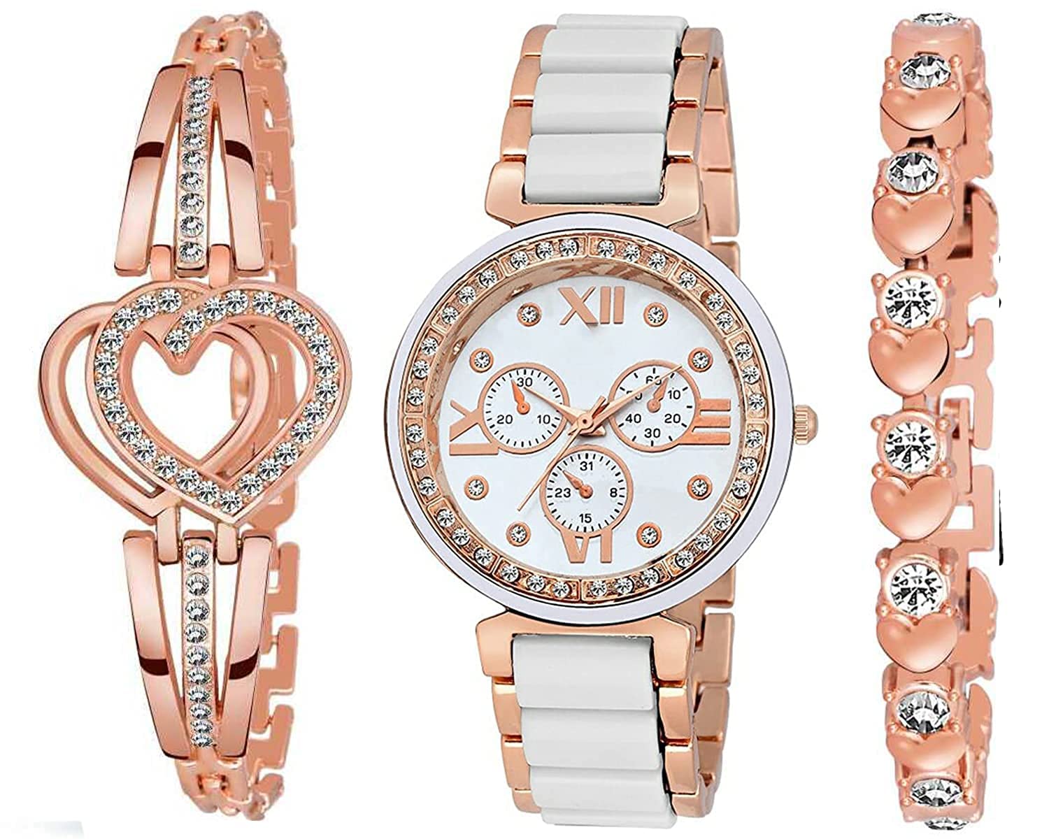 GenericMaa Creation Analog White White Dial Watch with Heart Shape Bracelet Combo for Womens and Girls Pack of 3(SR-290) AT-290