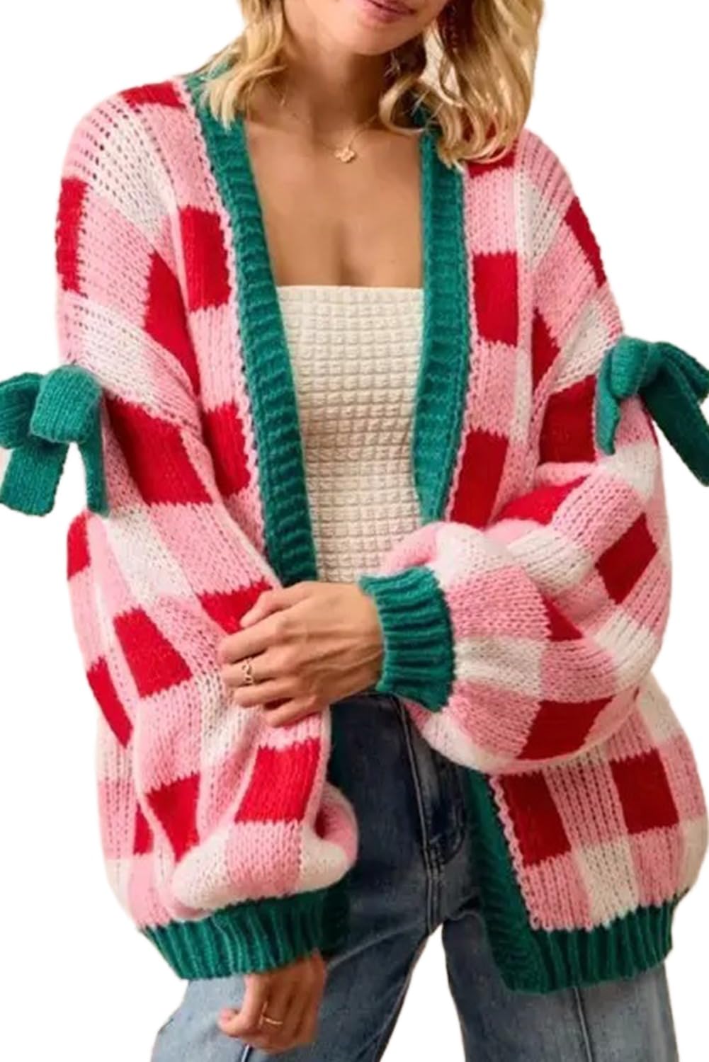 Apvirdy Womens Checkered Cardigan Drop Shoulder Bow Knot Decor Open Front Cardigans Loose Chunky Knit Cardigan