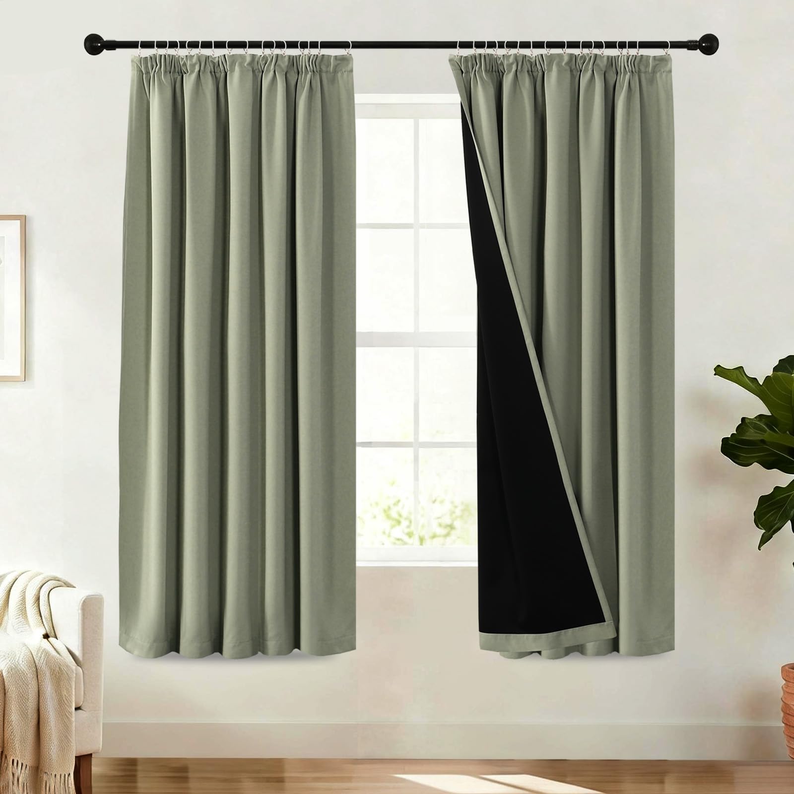 BellaHills 100% Blackout Curtains for Bedroom Thermal Insulated Curtains & Drapes for Living Room Black out Window Curtain with Hooks Pencil Pleat Back Tab Rod Pocket 2 Panels, W46 X L72, Light Sage — image 1