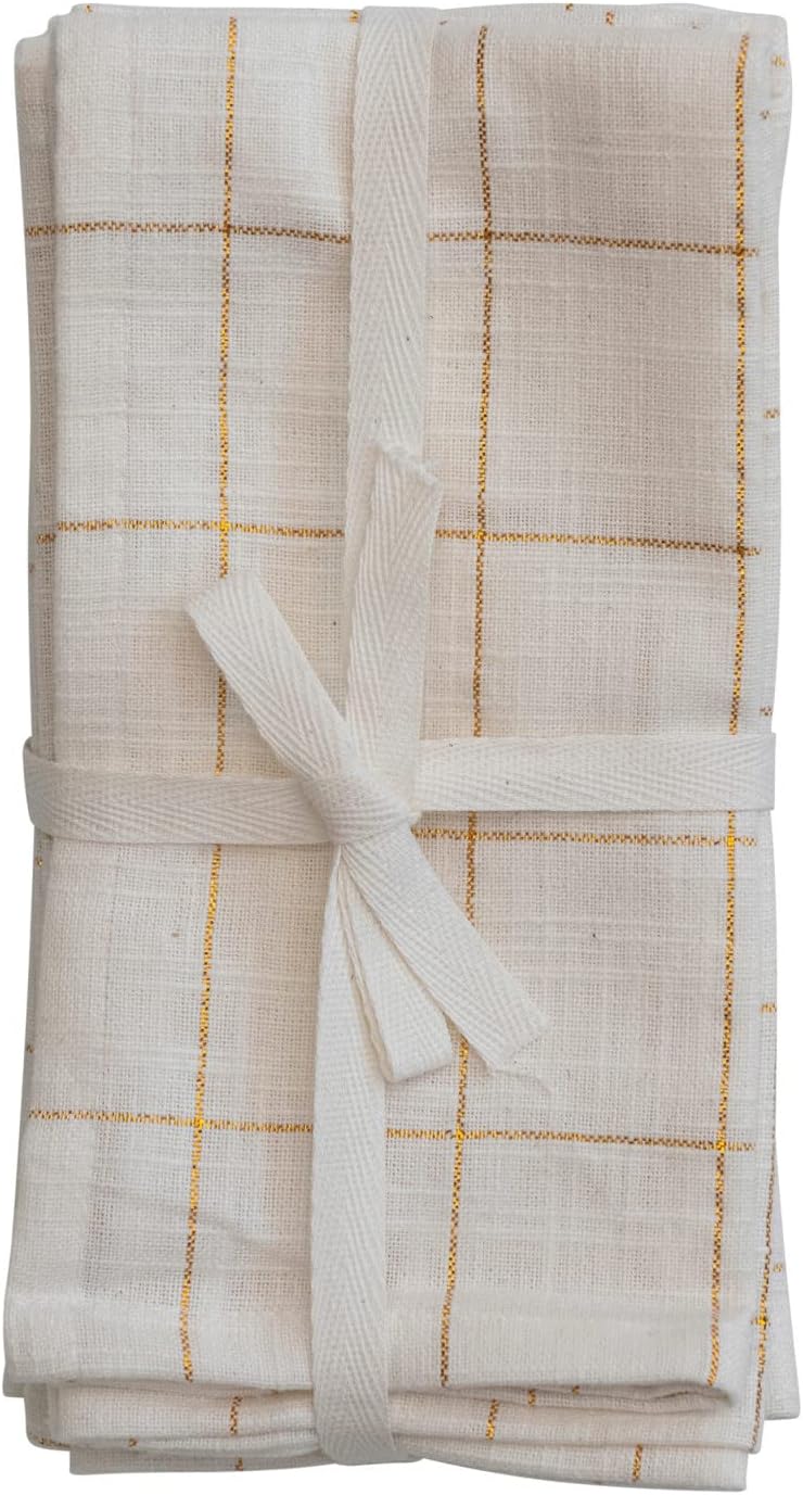 Creative Co-Op 18' Square Cotton Napkins w/Grid Pattern & Metallic Gold Thread, Cream Color, Set of 4