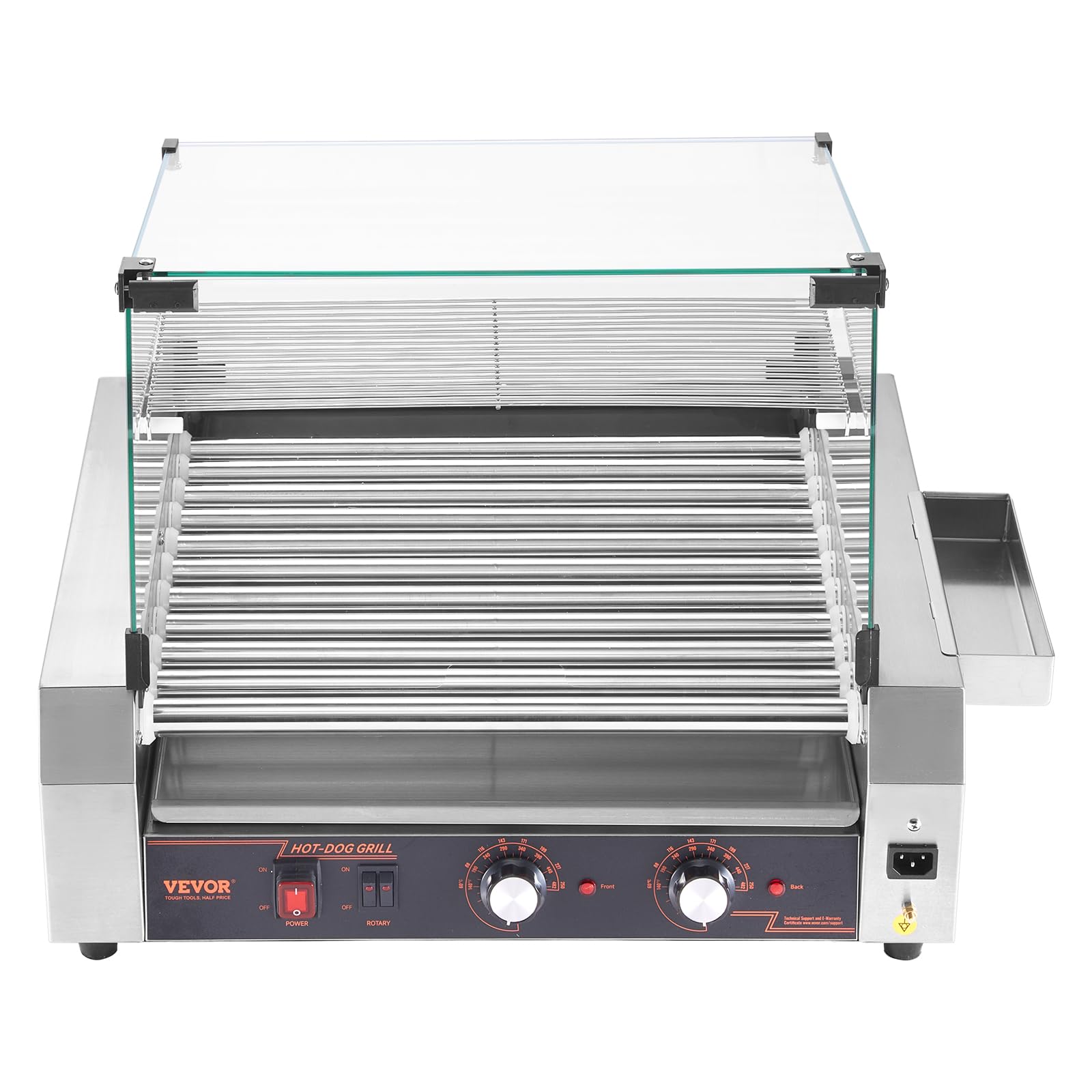 VEVOR Rullo per Hot Dog, 30 Hot Dog 11 Rulli, Cuocitore per Salsicce in Acciaio Inox 2200 W con Doppio Controllo della Temperatura, Contenitore Laterale, Ripiano Rimovibile e Vassoio Raccogli-Olio