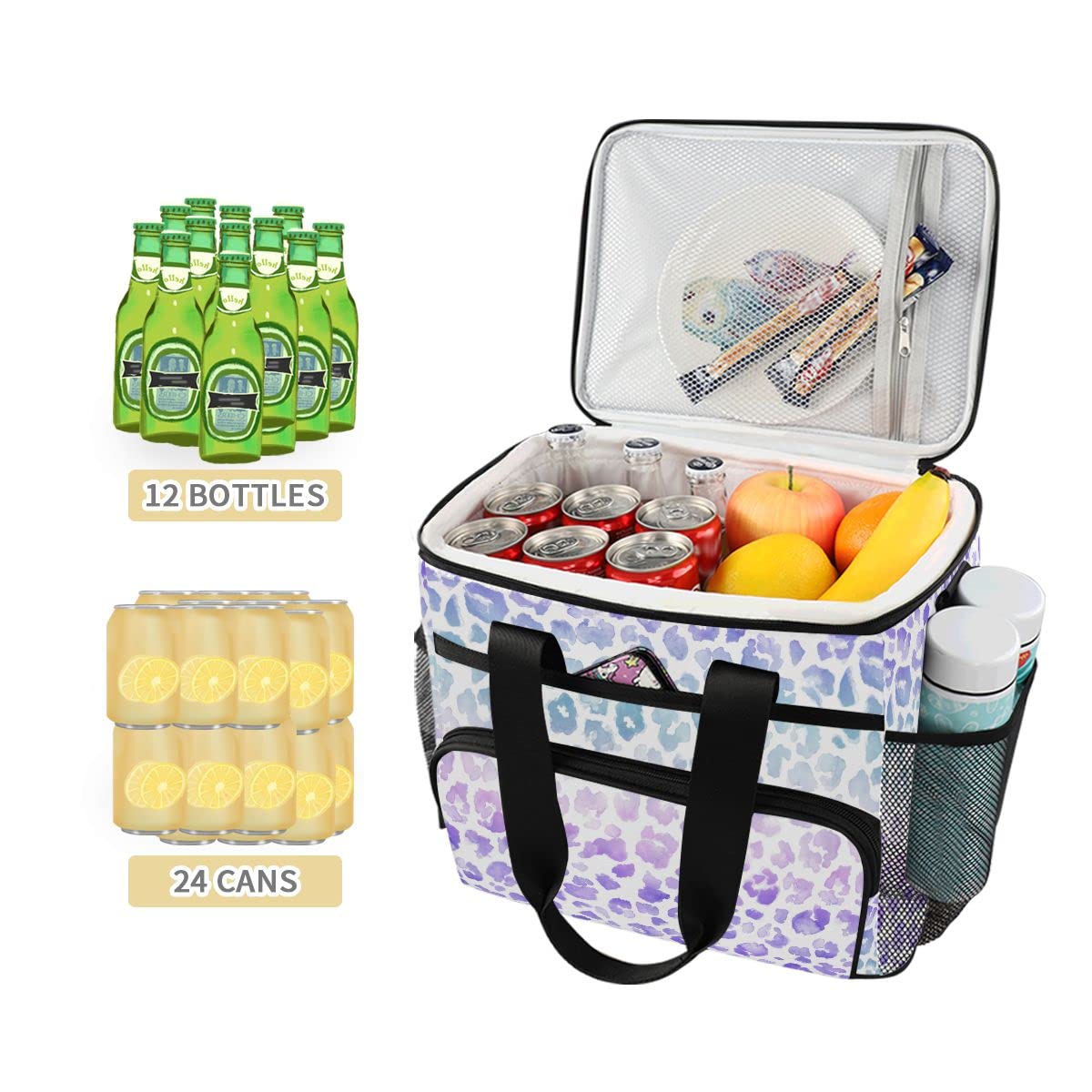 Bolsa de picnic de 15 L, 24 latas, bolsa de almuerzo aislada con teñido anudado morado leopardo para viajes, camping, barbacoa, actividades al aire libre, asas, correa para el hombro