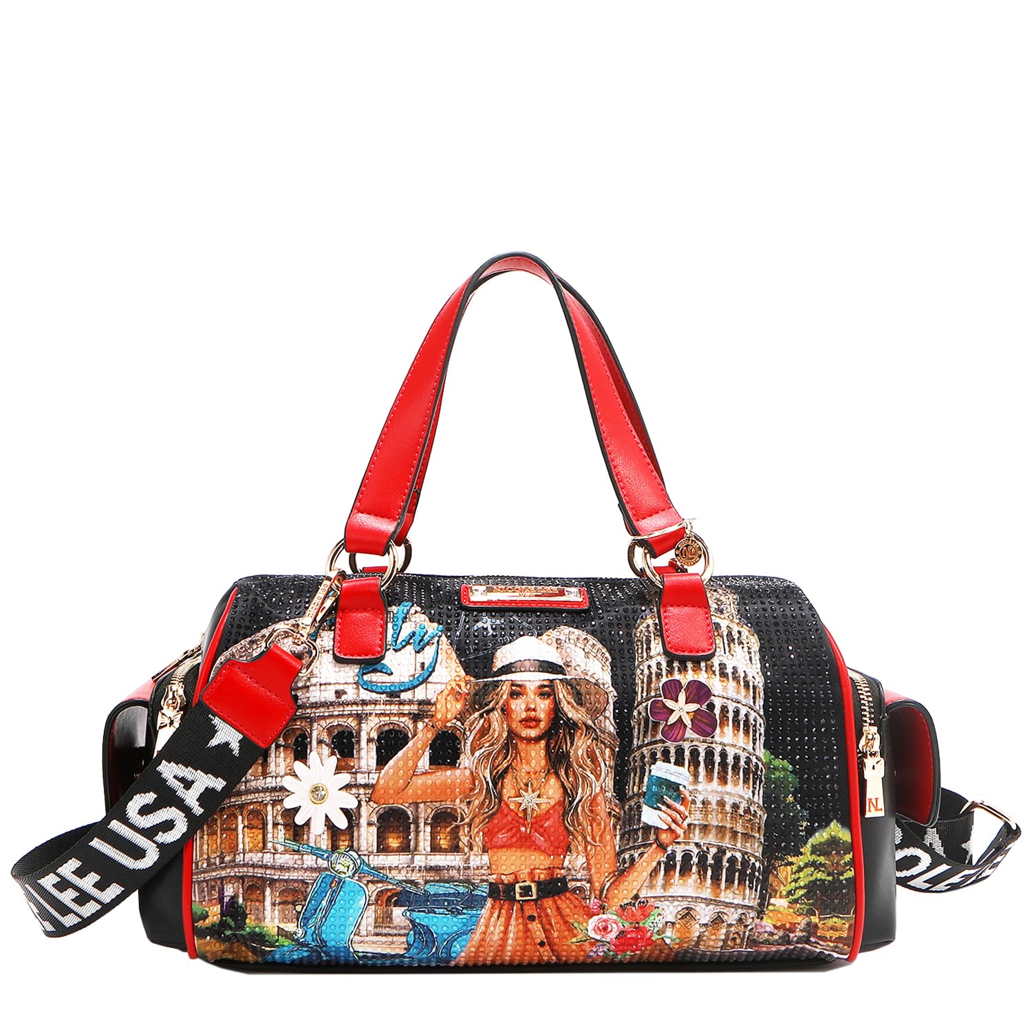 Nicole Lee Martha Travels Italy Wide Handbag, Vegan Leather, Rhinestone Embellished