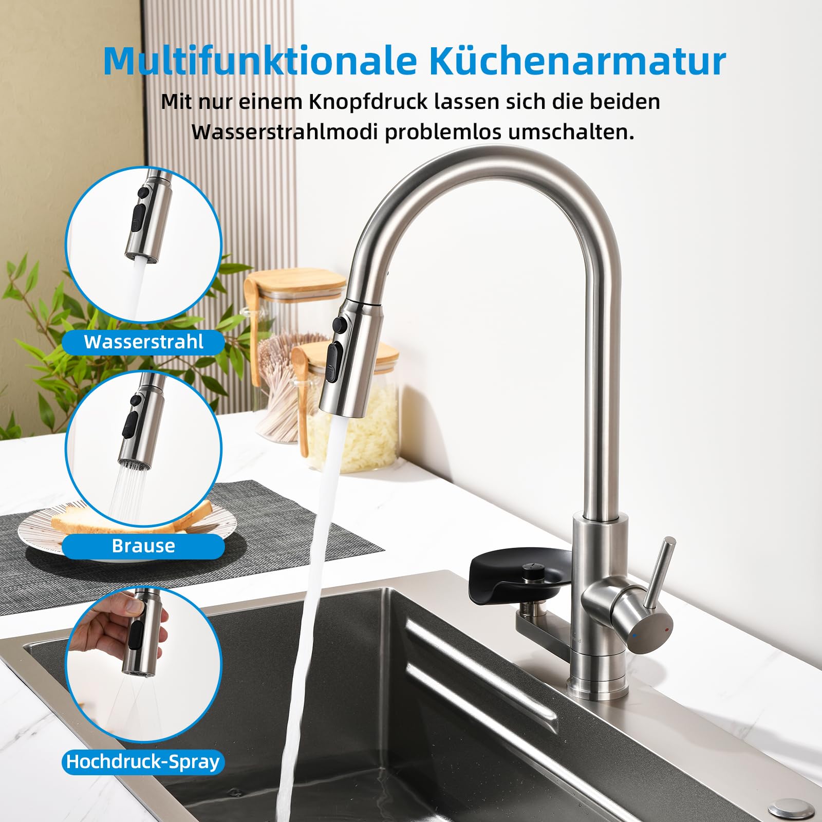 Robinet de cuisine Mynaiad avec lave-gobelet,douchette extractible, double sortie, rotation 360°, robinetterie robinet cuisine en acier inoxydable 304 brossé