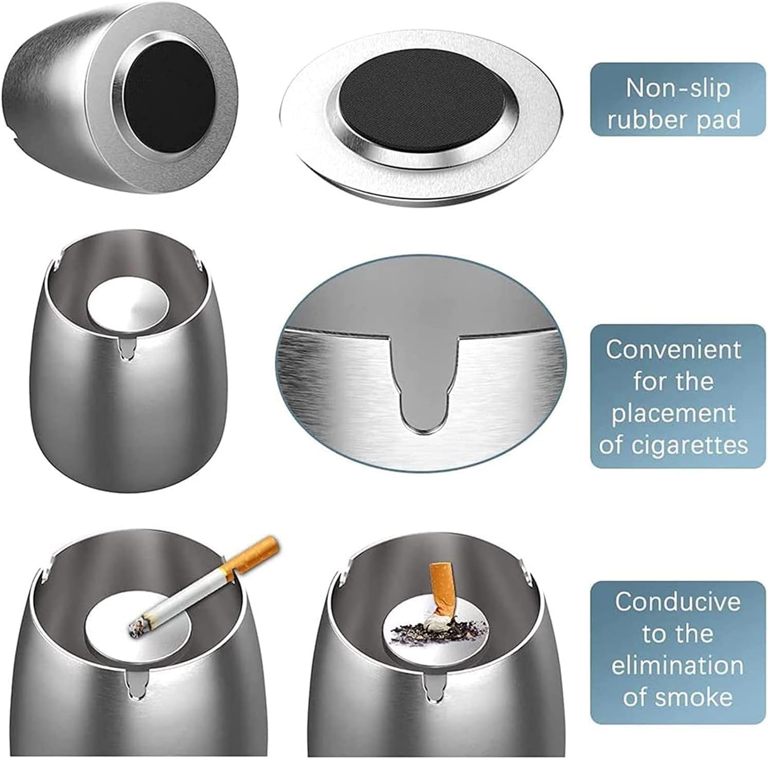 Car Ashtray with lid Smell Proof Stainless Steel Portable Smokeless Detachable Windproof Self Extinguishing Butt Bucket Ash Tray for Most Car Cup Holder for Outdoor Travel Home Office