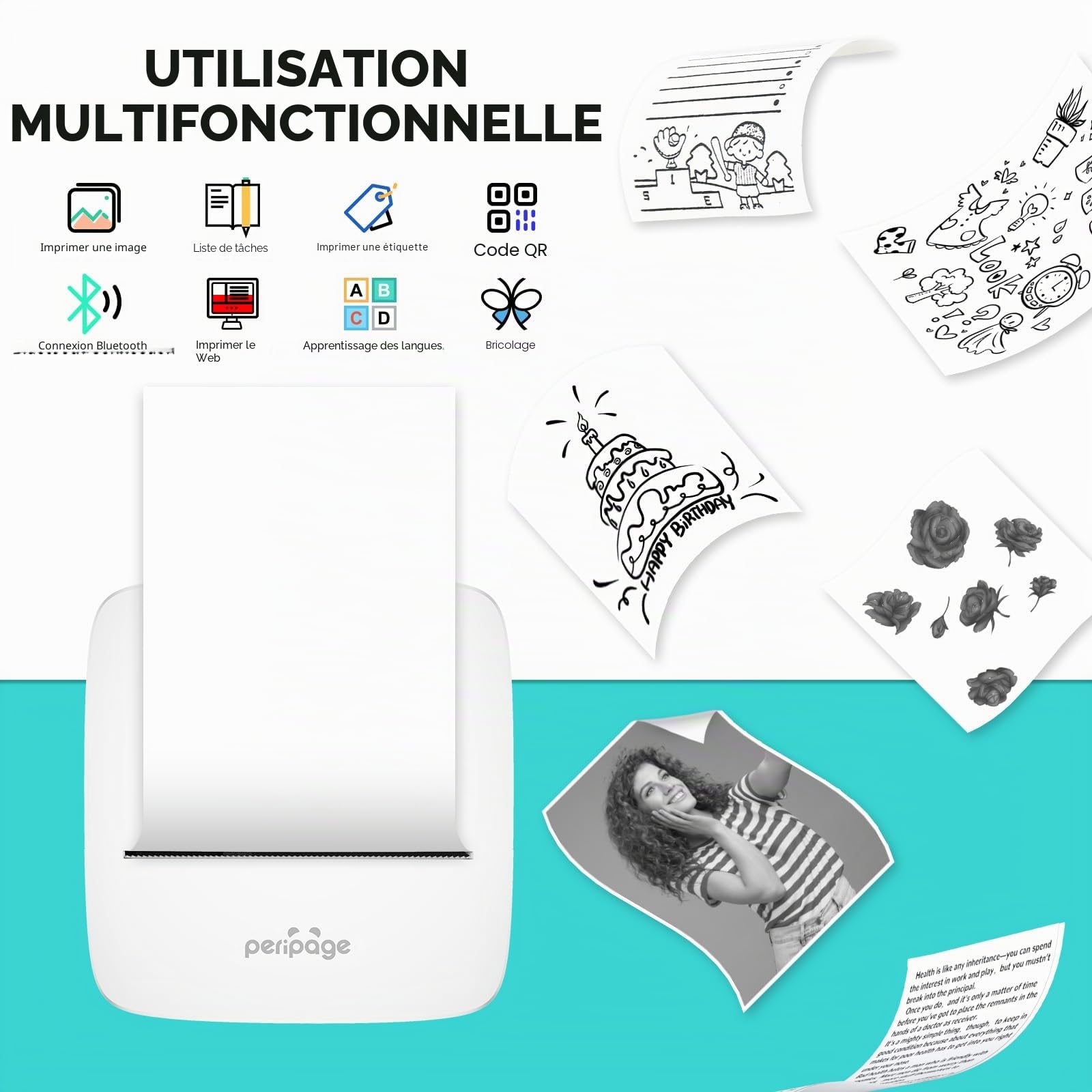 Peripage P21 Mini Imprimante Thermique Bluetooth Portable Autocollant iOS Android