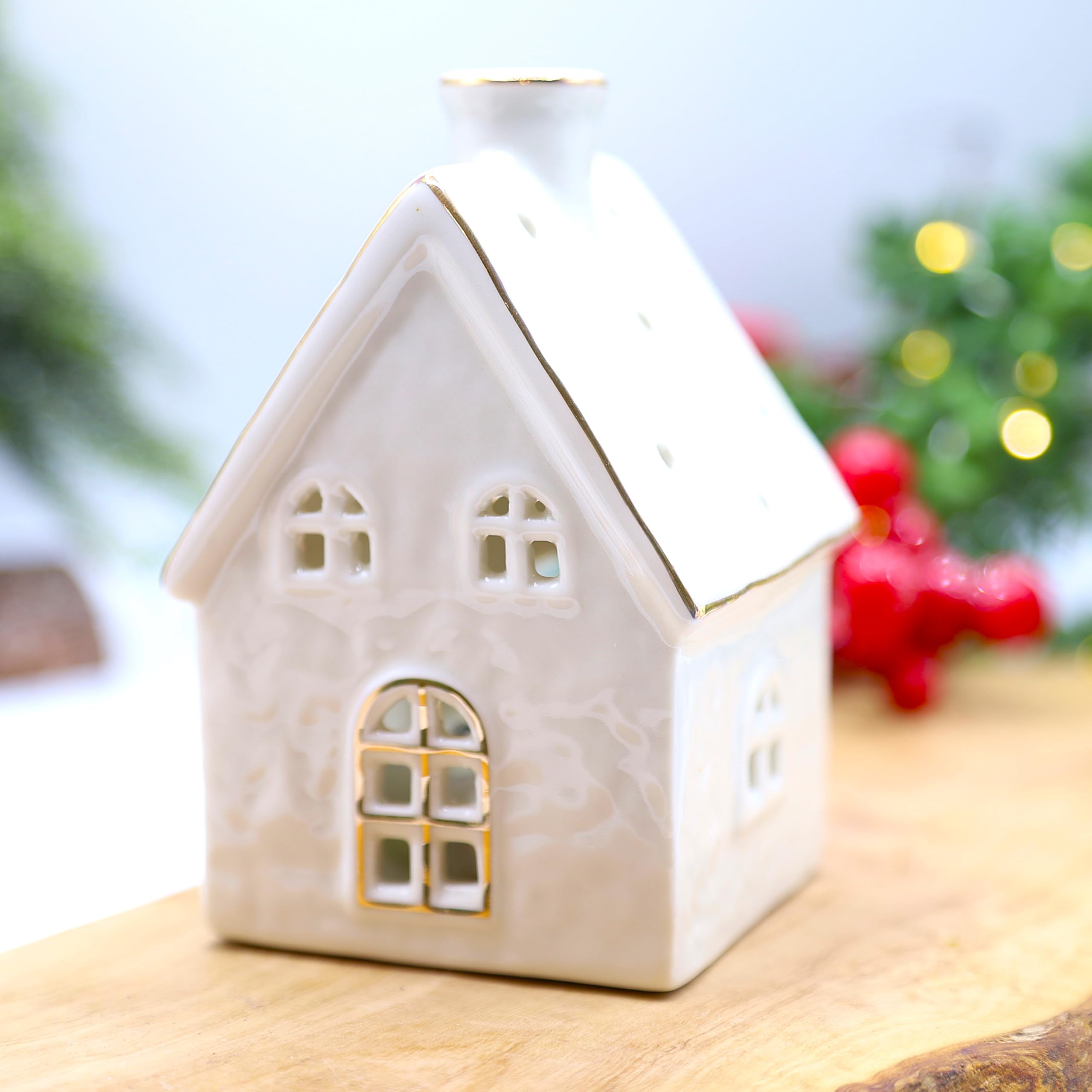 Fyne-Finds White Ceramic Tealight Holder House Indoor Xmas Festive Gift Home Decorative Ornament