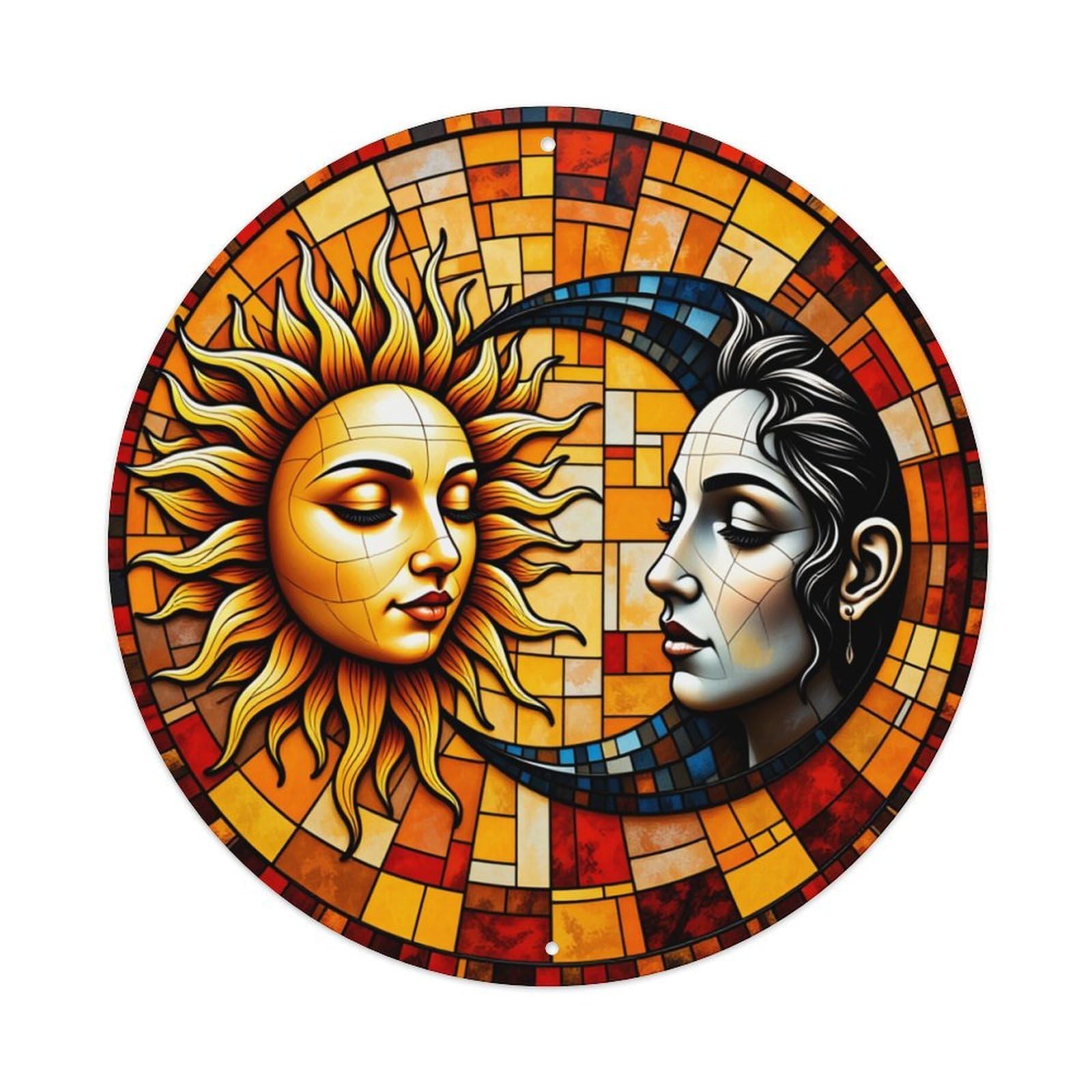 Sun And Moon Mosaic Art Vintage Metal Tin Sign Retro Wall Decor for Home Bar Garage Cafe, Indoor & Outdoor Decorative，circle Metal Poster, 8x8 Inch