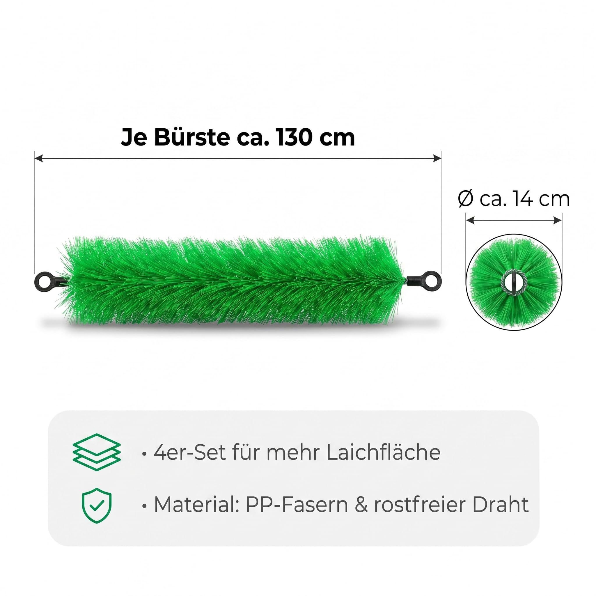 Pondlife Laichbürste Koi, Laichhilfe/Ablaichhilfe für Teichfische, 4er-Set, je 130 cm, Ø 14 cm, weiche PP-Fasern, rostfreier Edelstahldraht, flexibel, End-Ösen zum Verbinden, für Gartenteich