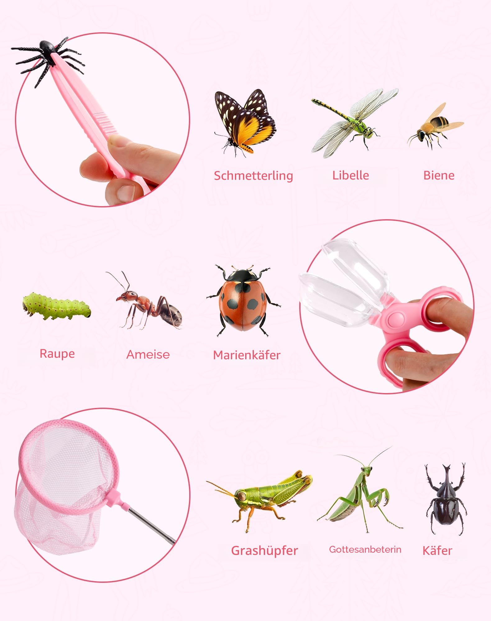 ROBOTIME Insektenfänger & Kinder-Entdecker-Set, 8-in-1 Outdoor-Forscherset zum Schmetterlings- und Insektenfangen mit Lupe, Insektenbeobachter, Tragetasche, Geschenk für Jungen Mädchen 3-12 (Pink)