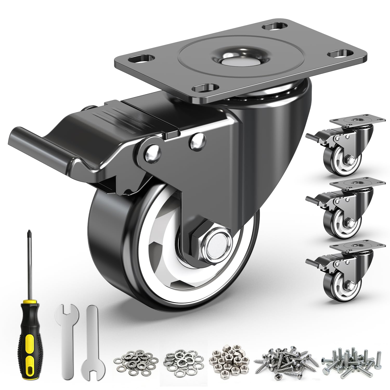 HOLKIE 3 Inch Caster Wheels Set of 4, Heavy Duty PP Plate Casters with Dual Locking Safety Brake, 1000lbs Total Capacity Hard Polypropylene Swivel