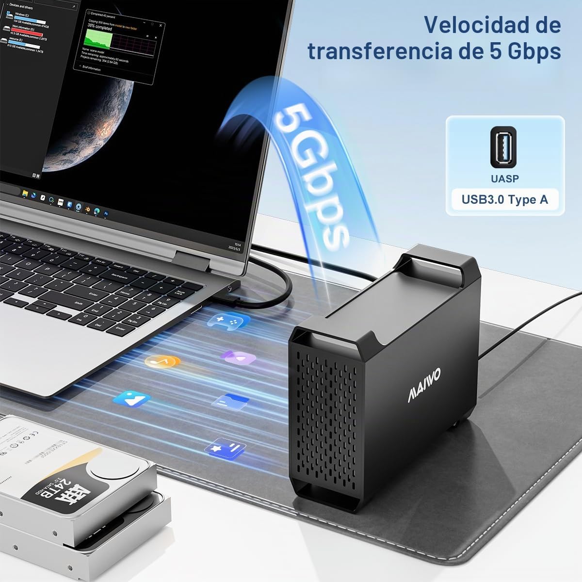 MAIWO Caja Raid de Doble bahía para Disco Duro SATA de 3.5 Pulgadas, Carcasa de Disco Duro de 2 bahías con Ventilador de refrigeración, 4 Modos Raid, USB 3.0 para expansión de 44 TB