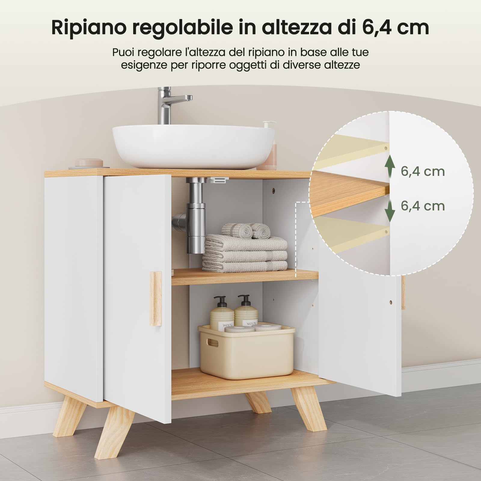 EUGAD Mobile Sottolavabo per Bagno Sottolavello Armadietto sotto Lavandino con Due Ante in Legno, 30 x 60 x 60 cm