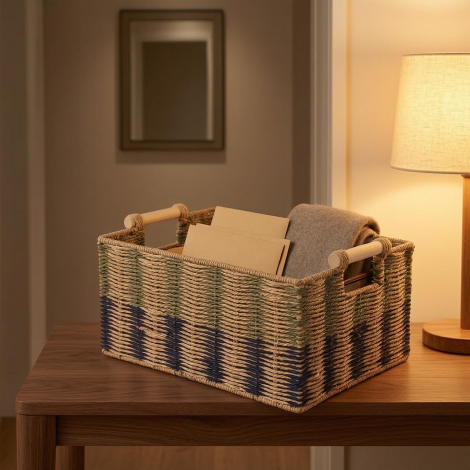 Cesta Cuerda Papel Rectangular Cesta con Rústico Connedor para Salón, Cocina, 40x30x20 Cm, Estilo Rural Con Diseño De Colores Contrastantes Y Asas De Madera, Tamaño Grande