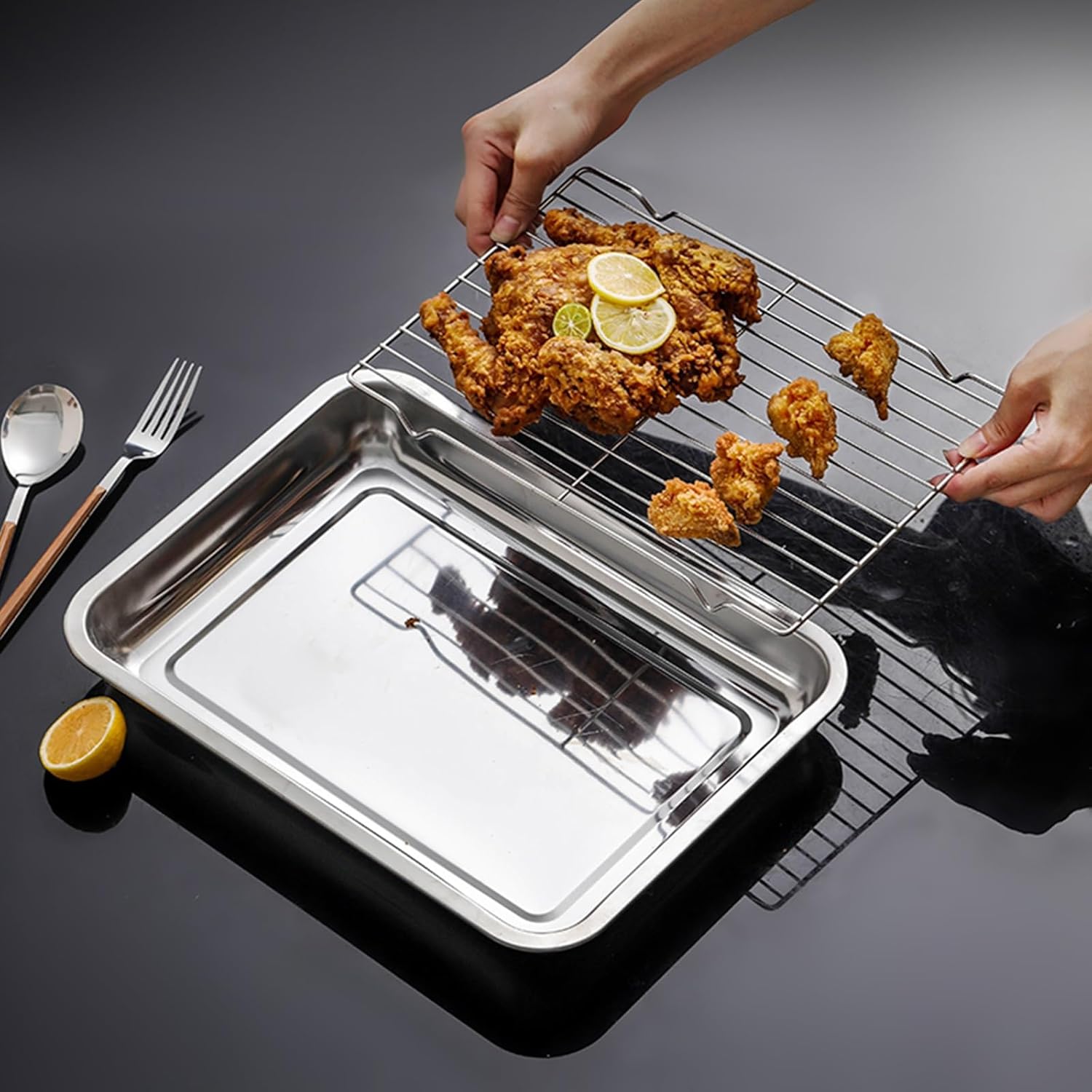 Baking Sheet with Wire Rack, Baking Tray Turkey, Oil Drip Pan, Drip Tray Stainless Steel for BBQ, Dining, Party, Buffet, 0.8in Deep Edge(39.5 * 29.5cm/15.6 * 11.6in)