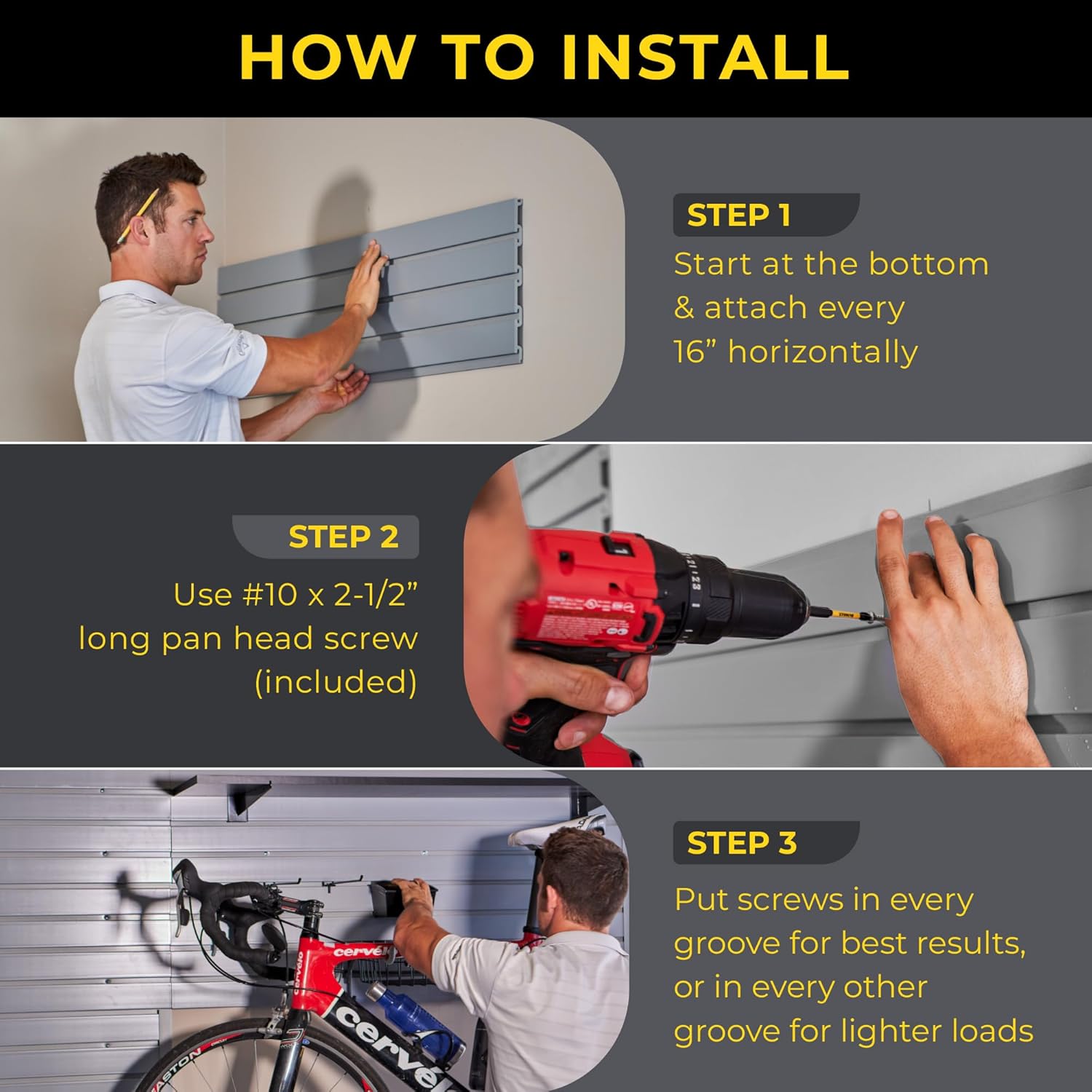 Heavy Duty 2x4 PVC Garage Slatwall Storage System (with Endcaps & Screws) - Modular Slat Wall Paneling for Garage Wall Organizer - Interlocking Slatwall Panels for Home & Commercial Use (Black)