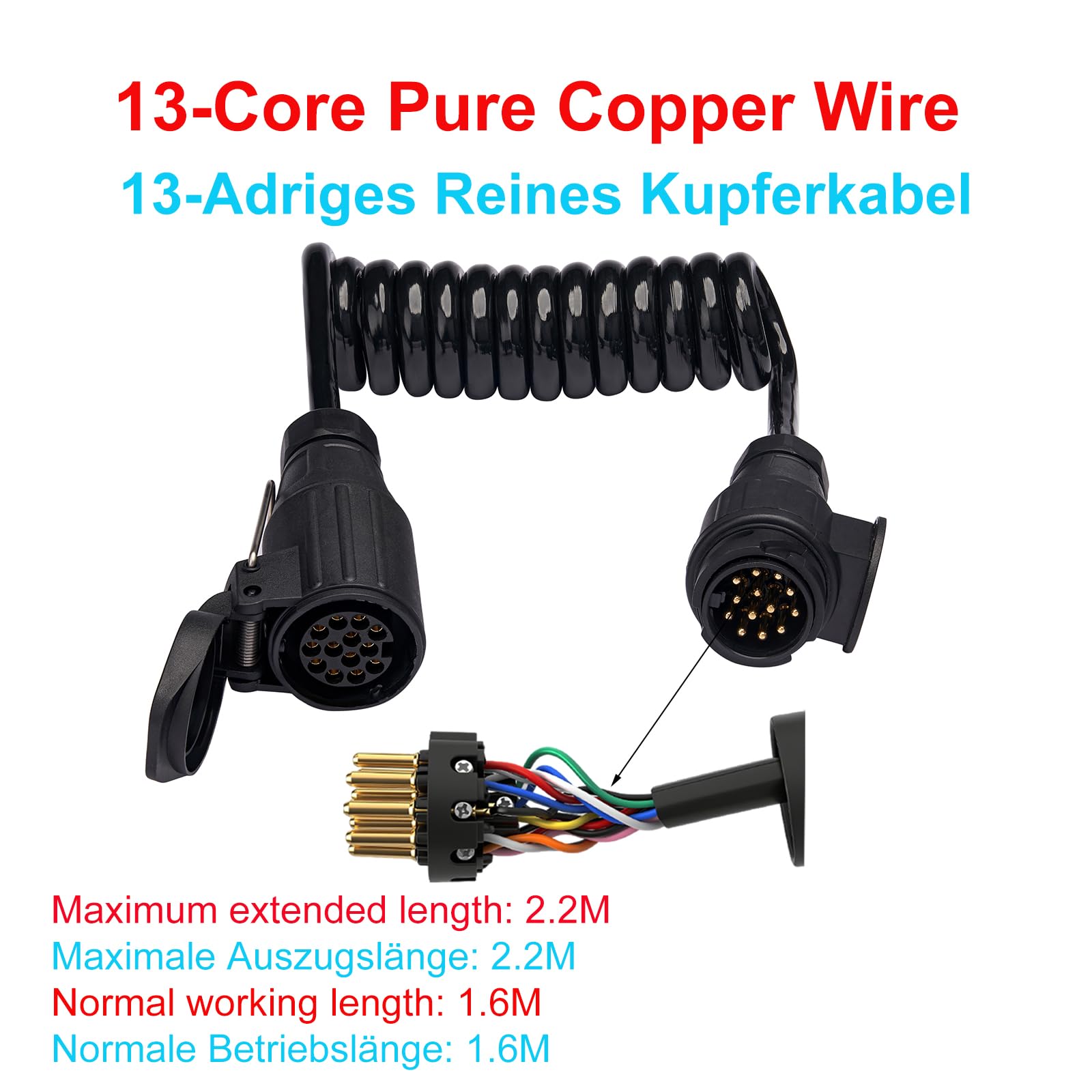 1.6M Cavo Prolunga Rimorchio 13 Poli, con Spina e Presa 13 Poli, 12V Cavo Prolunga Spirale Rimorchio, per Caravan Camion RV