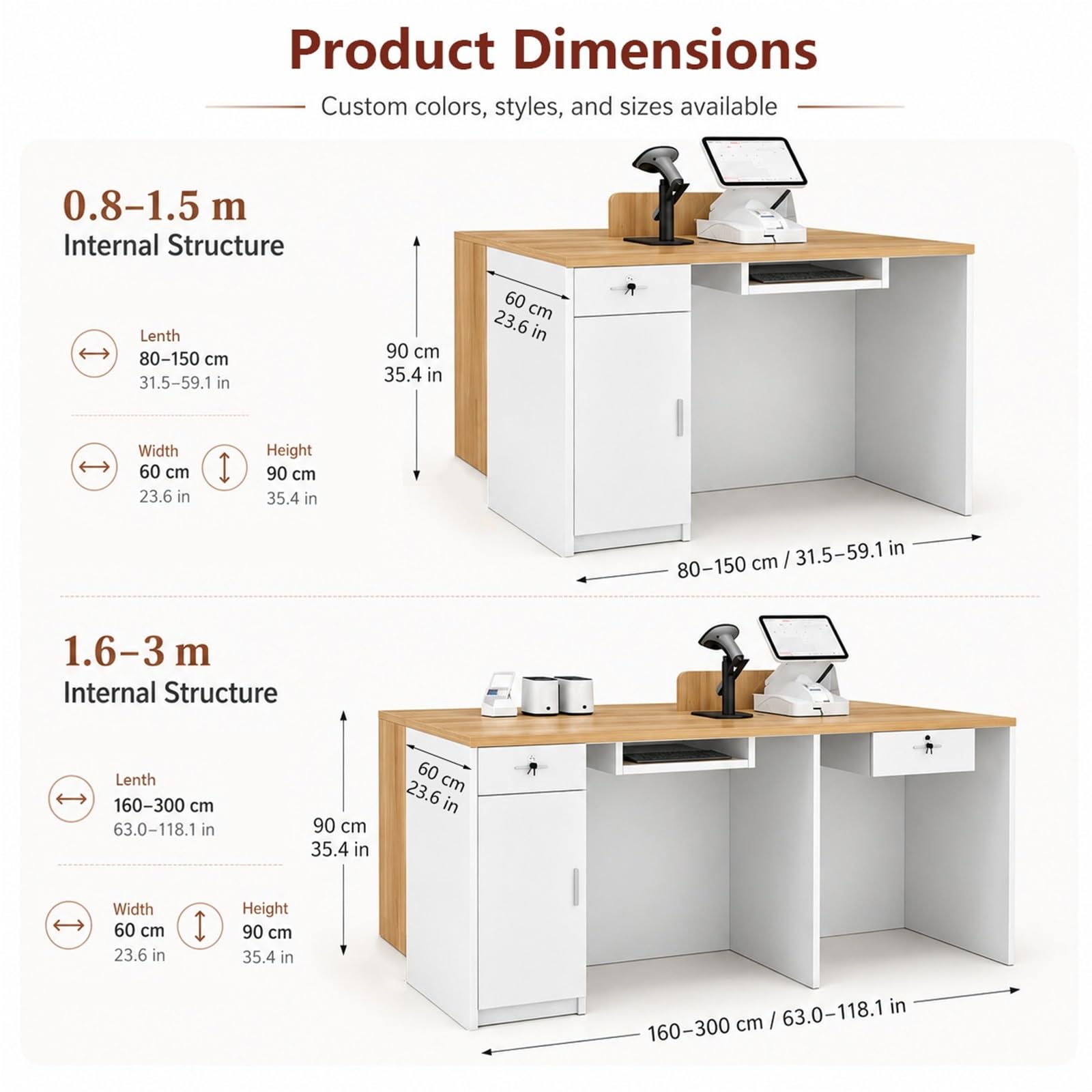 Mostrador de Recepción con Estantes y Almacenaje, Mostrador Caja para Tienda, Salón, Boutique, Librería, Comercio y Recepción Moderna Pro Comercial(White+Orange Right,80cm/31.5")