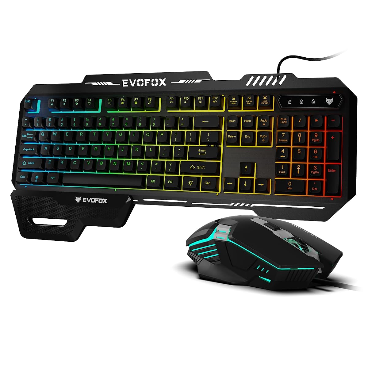 EvoFox Warhammer 2 Semi-Mechanical Gaming Keyboard Mouse Combo Wired with Rainbow RGB Effect & Letter Backlit, Detachable Magnetic Wrist Pad, Metal Body,19 Anti-Ghosting Keys, 7200 DPI Mouse