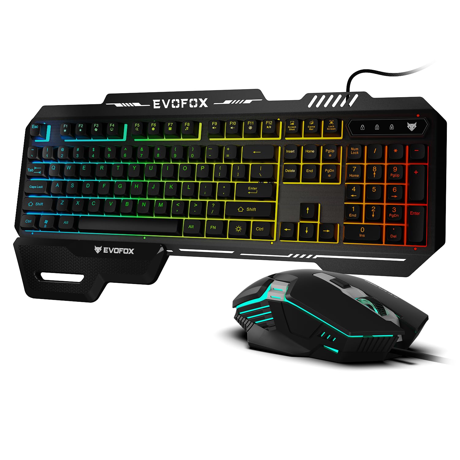 EvoFox Warhammer 2 Semi-Mechanical Wired Gaming RGB Keyboard Mouse Combo Wired with Rainbow RGB Effect & Letter Backlit, Detachable Magnetic Wrist Pad, Metal Top,19 Anti Ghosting Keys, 7200 DPI Mouse