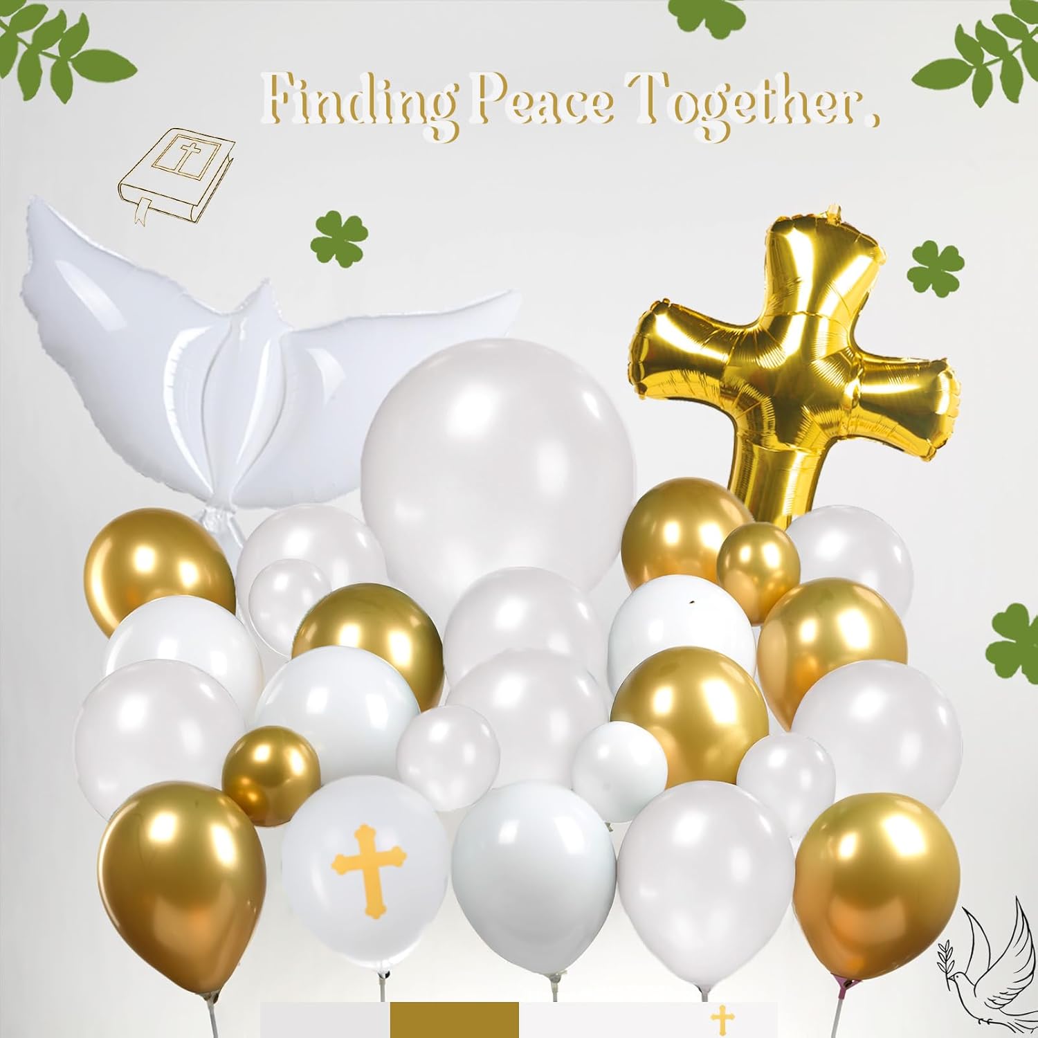 First Communion Decorations 128Pcs Balloon Garland Arch Kit white gold pearlescent white Balloons with Cross Balloon for God Bless Christening Baptism Party Baby shower Supplies