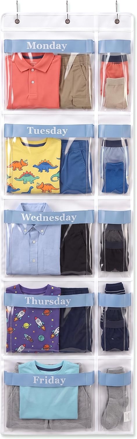 Over the Door Weekly Clothes Organizer for Kids, Days of the Week (Rainbow)