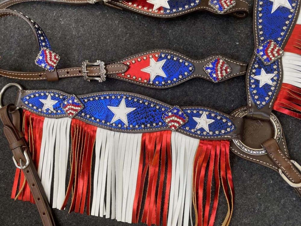 Showman Single Ear Leather Headstall & Breast Collar Set w/Patriotic Design, Average Full Size Horse