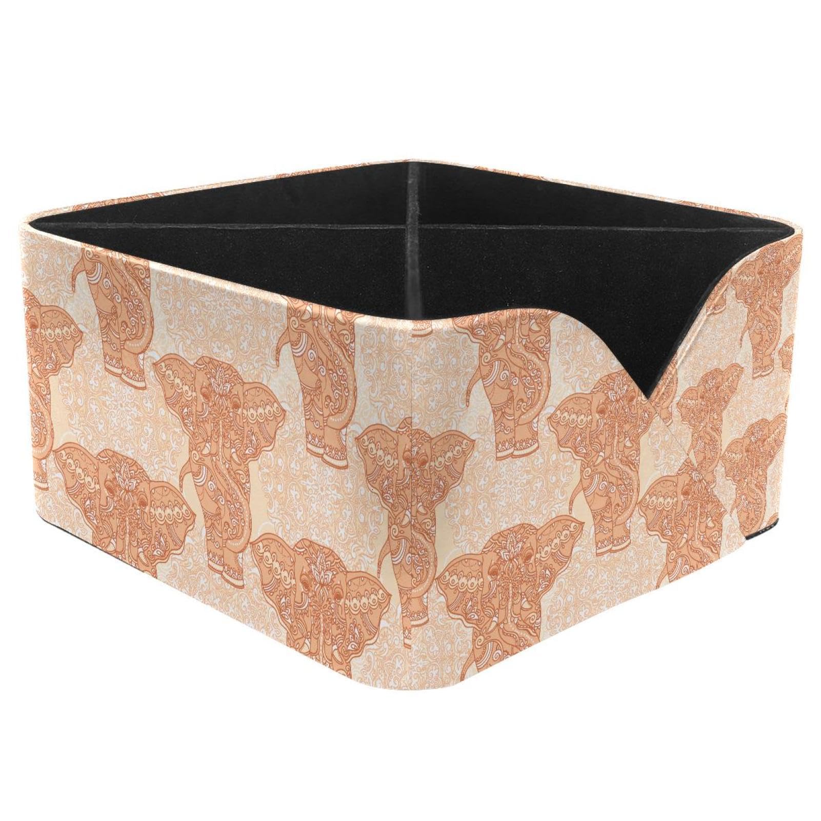KengjuTesu Indian Elephants and Beautiful Paisley Ornament Pattern Desktop Organizer Pen Holder, Rectangular Pencil Cup for Office, Study and Makeup Stations