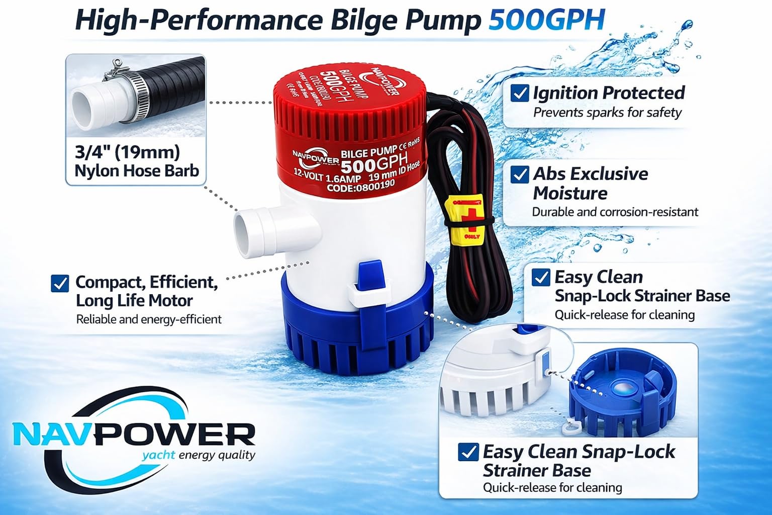 NAVPOWER Pompa di Sentina 12V 500 GPH – Pompa Sommergibile Scarico Acqua Barca – Attacco Tubo Ø19 mm – Per Pozzetto/Sentina