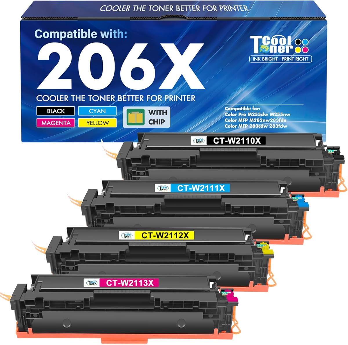 206X Toner Cartridges 4 Pack High Yield 206A M283fdw M255dw Compatible Replacement for HP 206X 206 M283cdw Color LaserJet Pro MFP M255nw M283 M255 Printer Ink (with Chip) (Black Cyan Yellow Magenta)