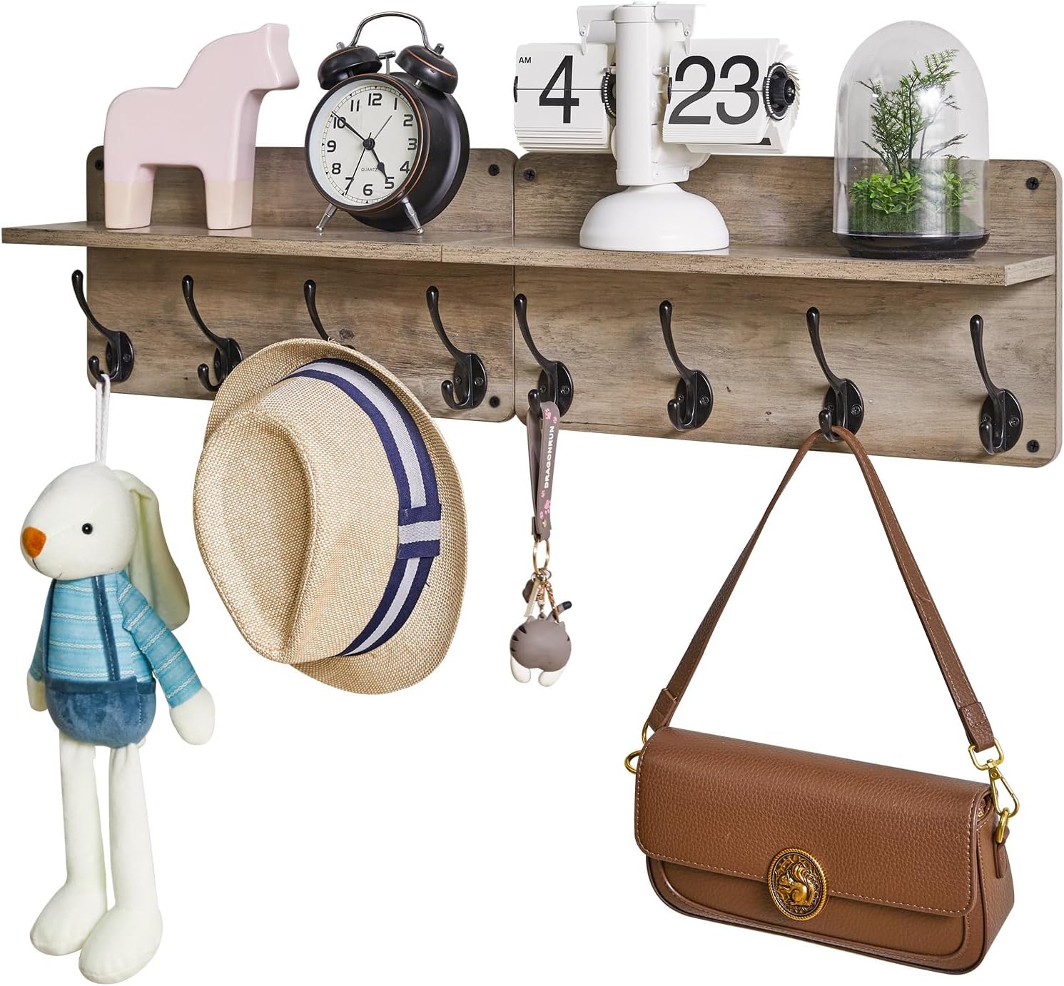 YMYNY Coat Rack Shelf Wall Mounted, Wooden Coat Hooks Set of 2, Entryway Coat Hanger with 8 Hooks,31.5''L Floating Shelves, Key Holder, for Bedroom, Bathroom, Living Room, Silver Gray UHWS006Y-2