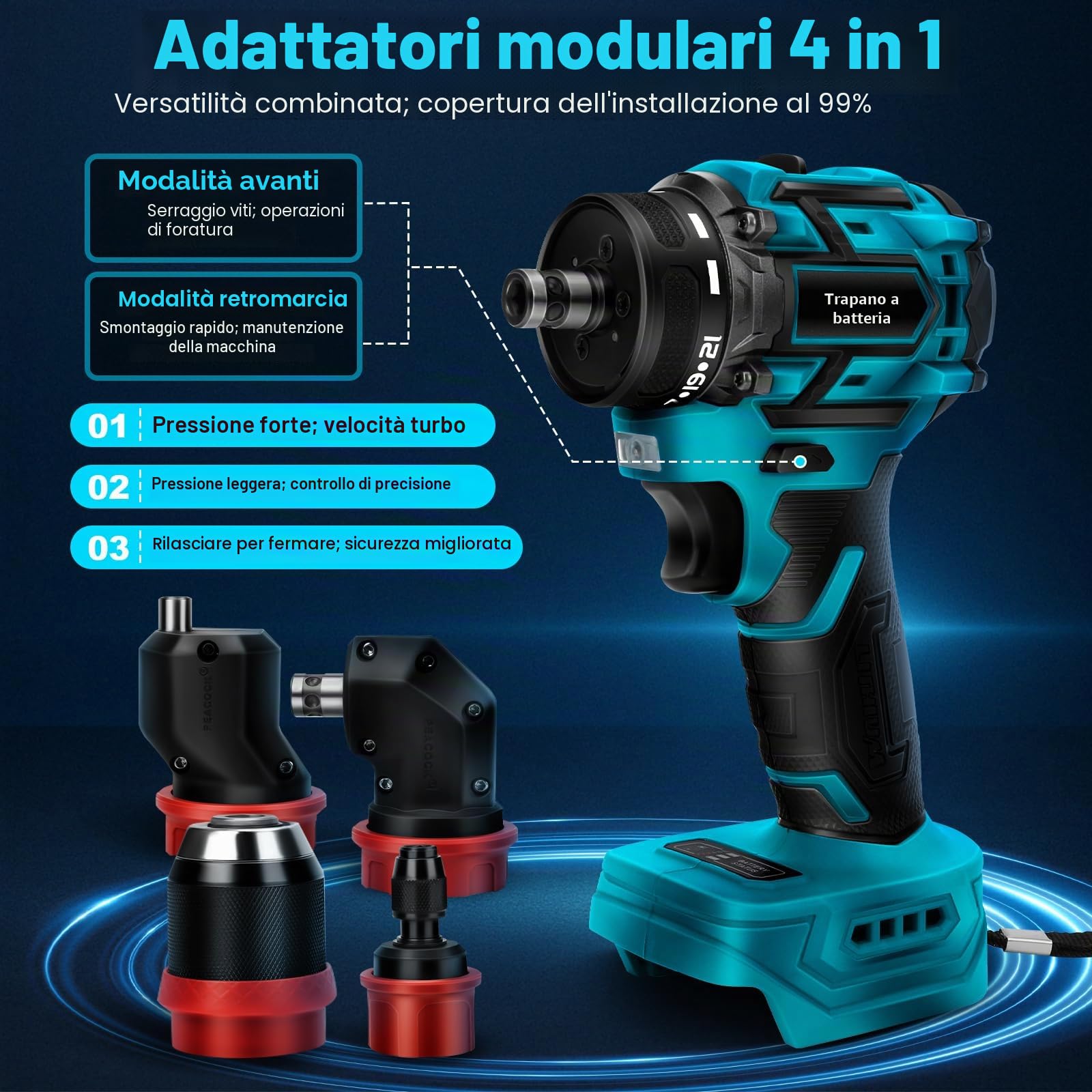 Set di trapano avvitatore a batteria compatibile con Makita 18 V, con 4 mandrini intercambiabili. Elettro utensile compatto e versatile per spazi limitati, ideale per hobbisti e professionisti