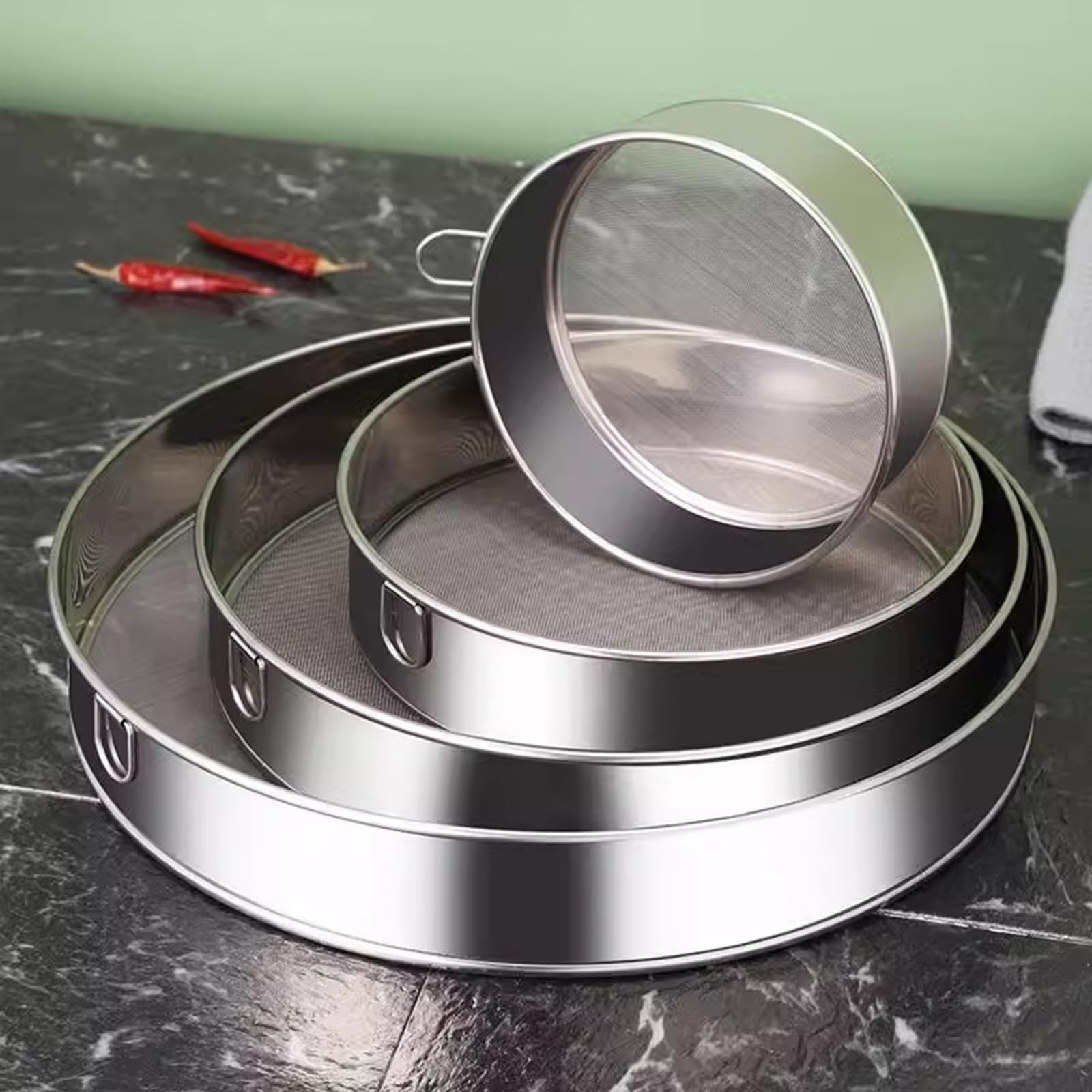 Setaccio in acciaio inox 304, set da 4 pezzi, setaccio per farina, setaccio a maglia fine, setaccio per farina o scolapasta (60 maglie)