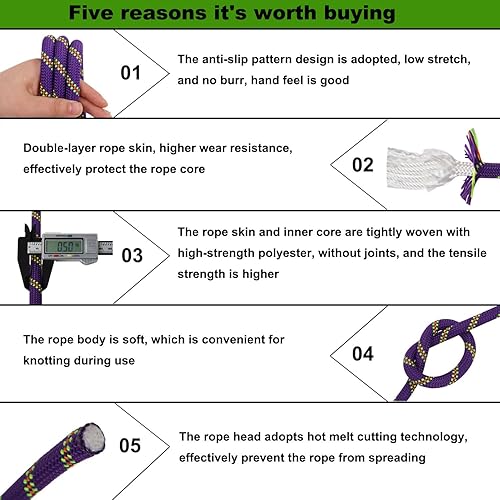 Miniatura 4 de CRAYZA Cuerda de poliéster doble trenzada (12 pulgada x 100 pies), cuerda de aparejo de arborista fuerte, 48 hebras para trabajo en árboles,