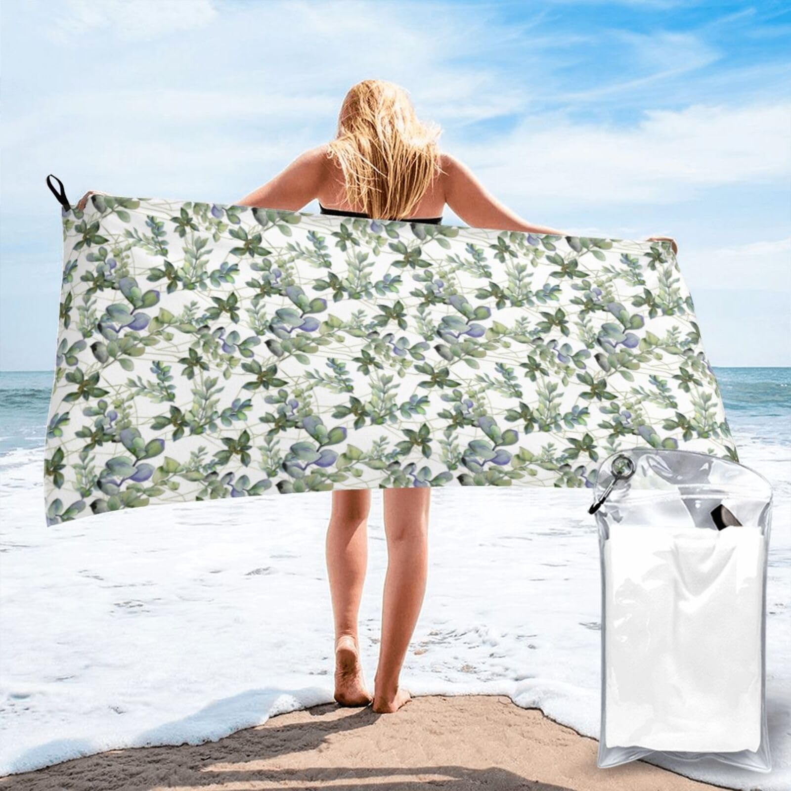 NImongt Green Eucalyptus Leaves Print Adult Towel Travel Gym Beach Hiking Yoga Camping Lightweight Quick Dry Versatile