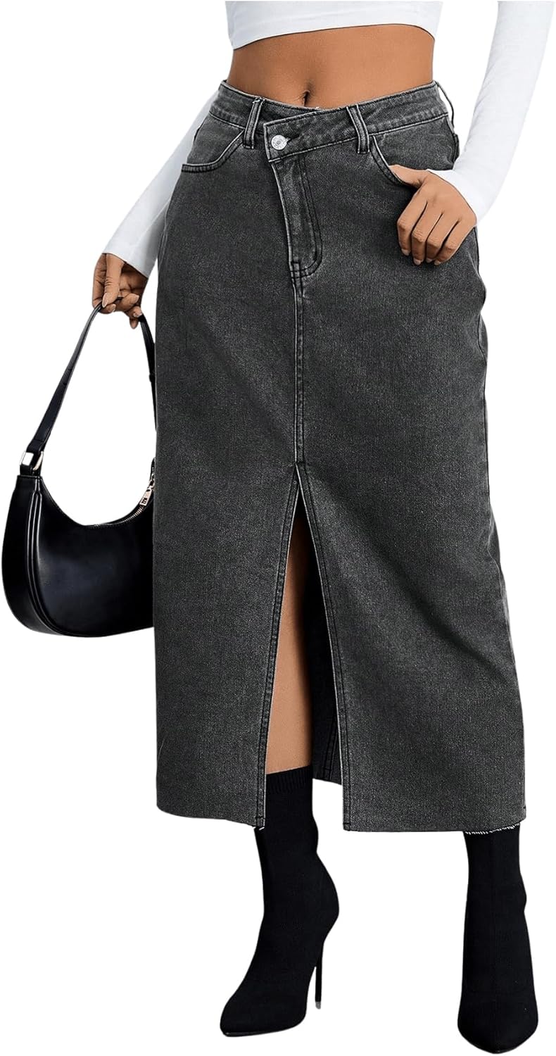 SweatyRocks Women's Casual High Waist Denim Skirt Split Hem Raw Trim Midi Jean Skirts - Image 4