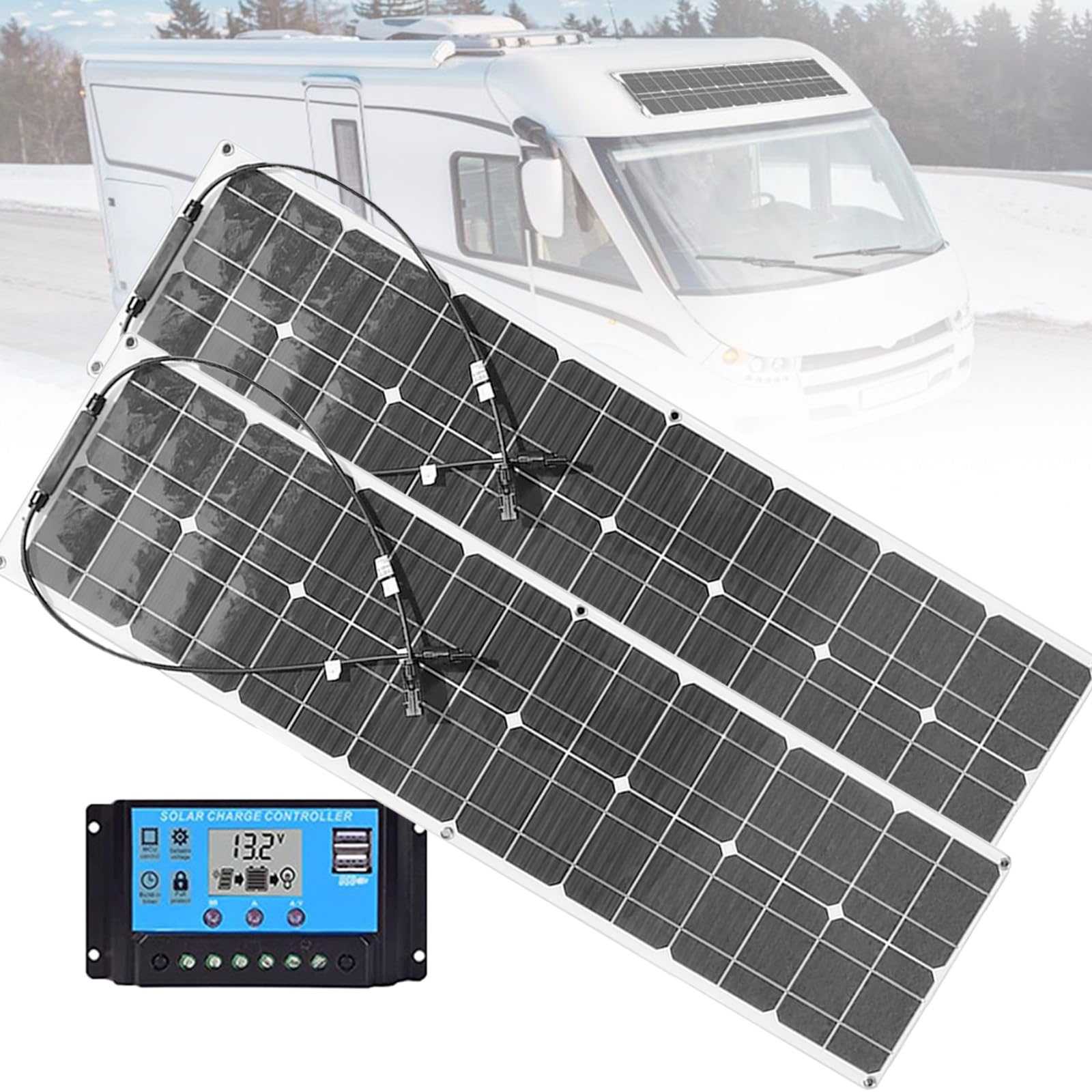 2 Paneles Solares Flexibles De 200 W con Controlador De Carga De 40 A, Panel Solar Fotovoltaico Monocristalino para Autocaravanas, Barcos Y Hogar White