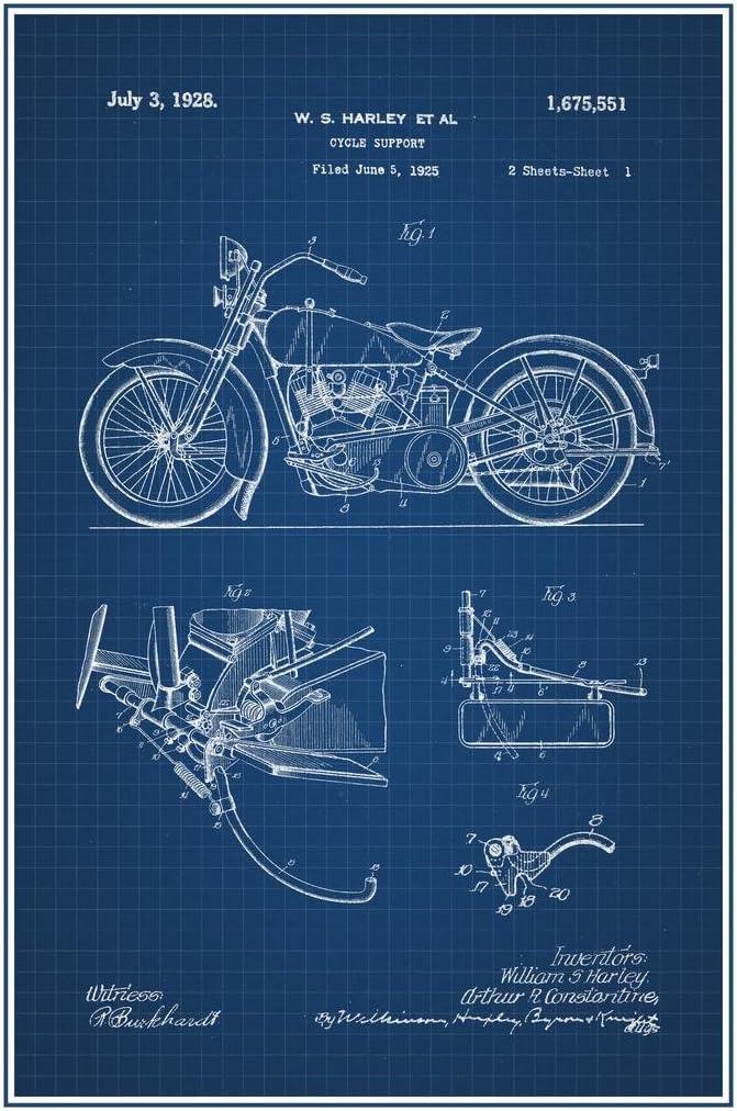 1928 Motorcycle Official Patent Blueprint Cool Wall Art Print Poster 24x36