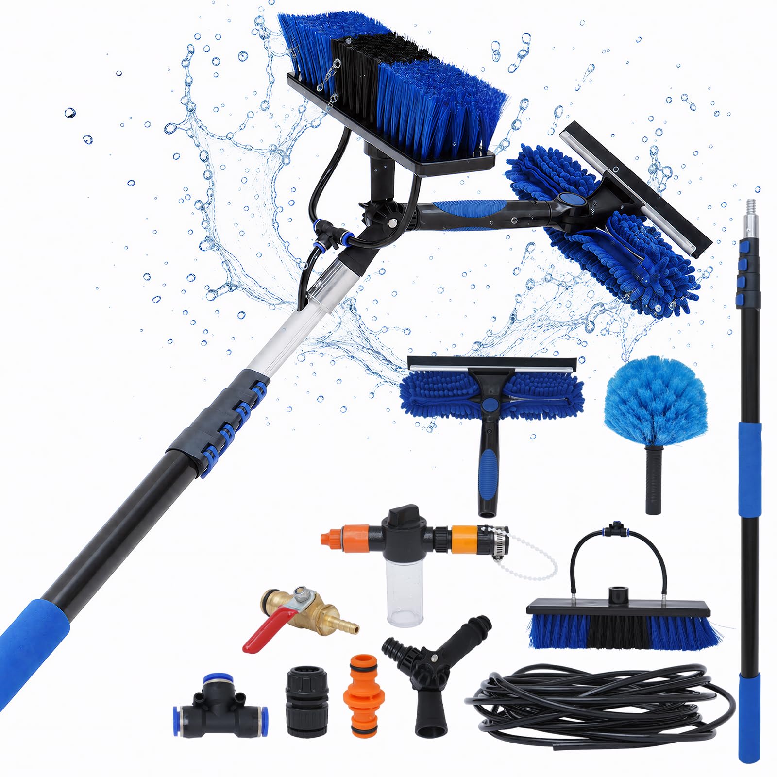 Pulitore telescopico per finestre da 7,2 m, con asta in alluminio leggero da 4,8/7,2 m, spazzola per lavaggio auto, spazzola 2 in 1 alimentata ad acqua e lavavetri per pannelli solari alti (7,2 m)