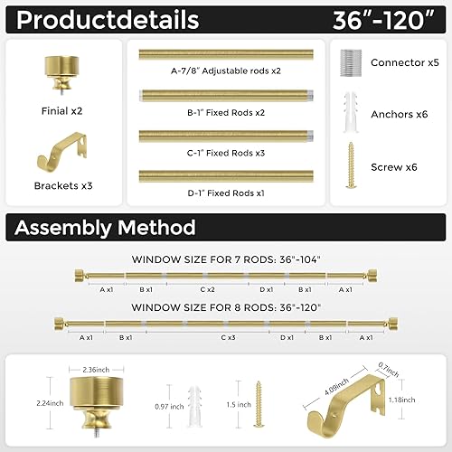 Miniatura 9 de Barras de cortina doradas para ventanas de 66 a 120 pulgadas (5.5-10 pies), barra de cortina resistente de 1 pulgada de diámetro, postes de cortina